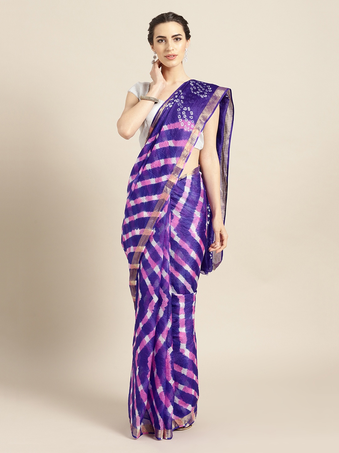 

Geroo Jaipur Hand Dyed Navy Blue Leheriya Kota Doria Saree