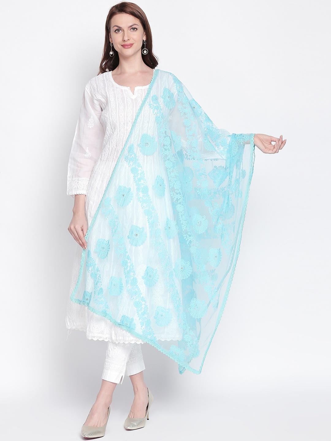 

Dupatta Bazaar Turquoise Blue Lucknowi Embroidered Dupatta
