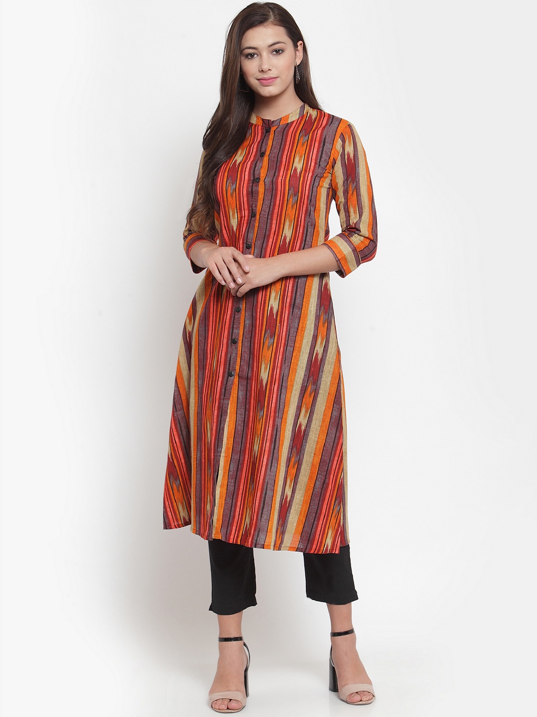 

Indibelle Women Orange & Red Striped Kurta with Trousers