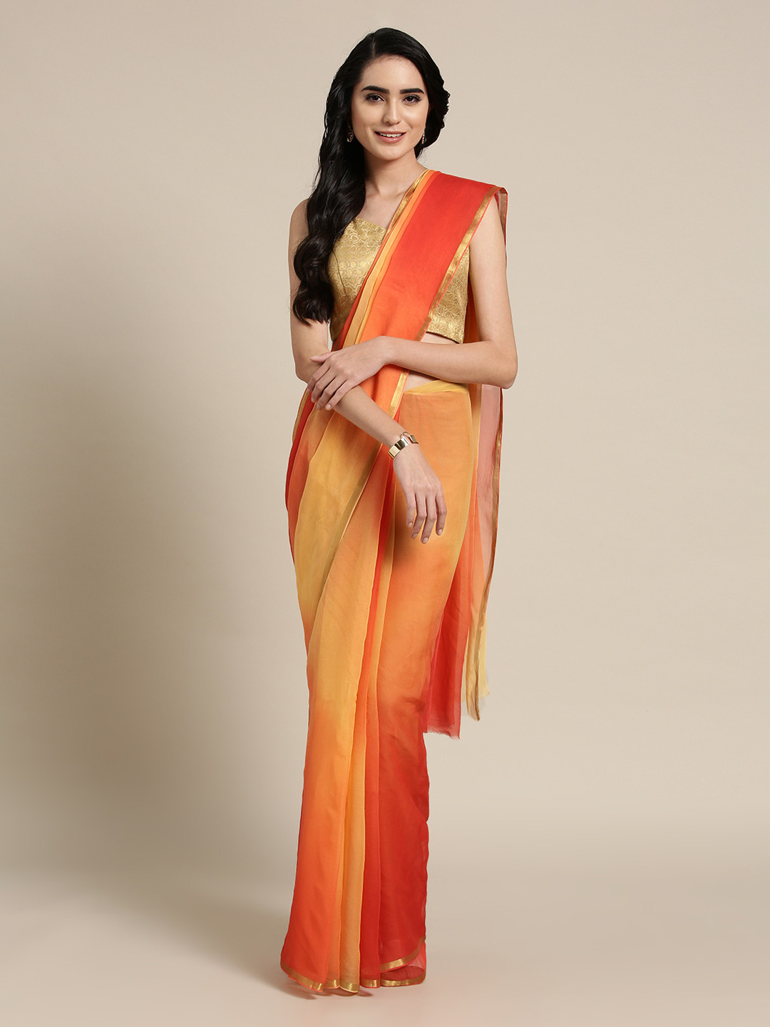 

Geroo Jaipur Orange & Yellow Poly Chiffon Dyed Saree