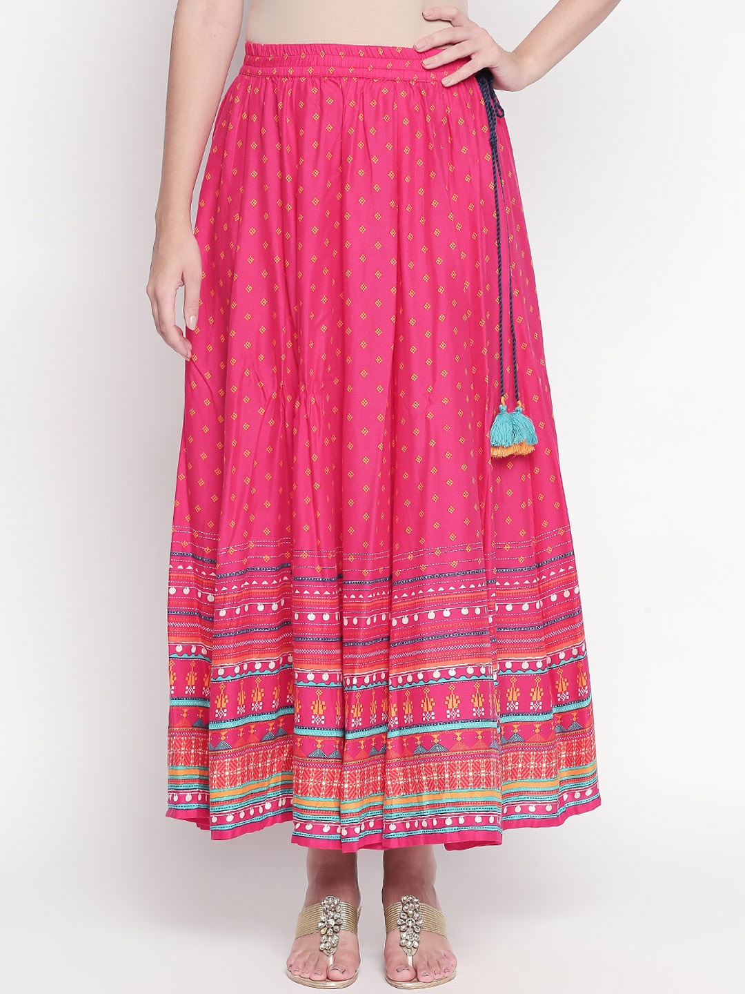 

AKKRITI Women Fuchsia Pink & Yellow Printed Flared Maxi Skirt