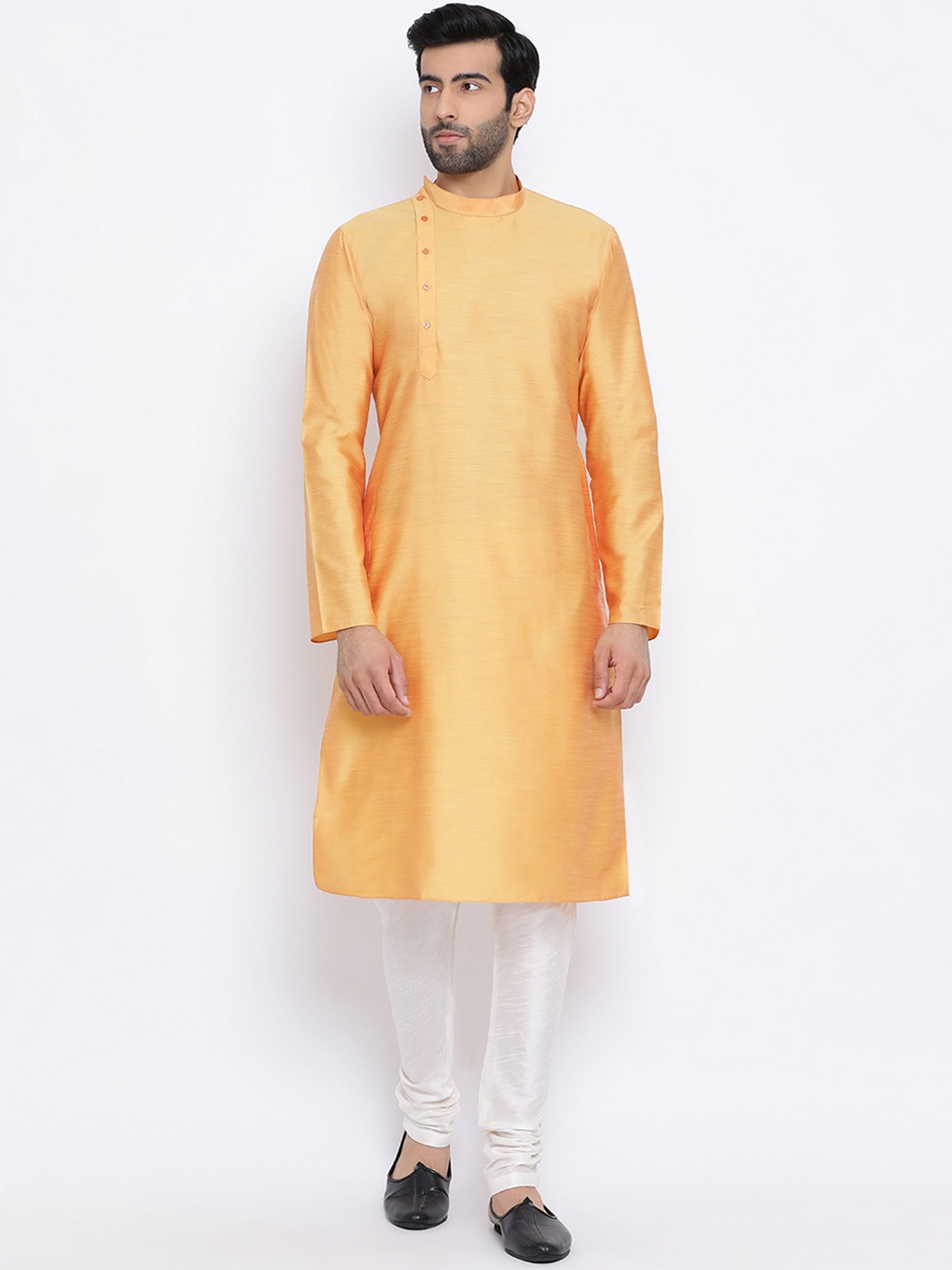 

NAMASKAR Men Mustard Yellow Solid Linen Straight Kurta