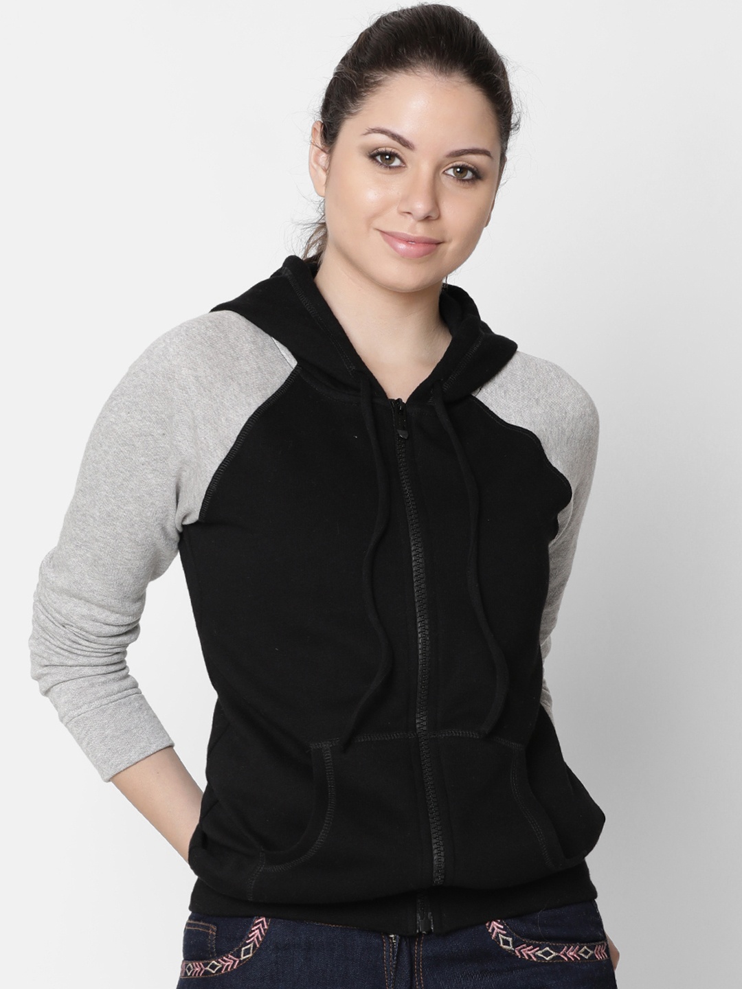 

Rute Women Black & Grey Solid Hooded Sweatshirt