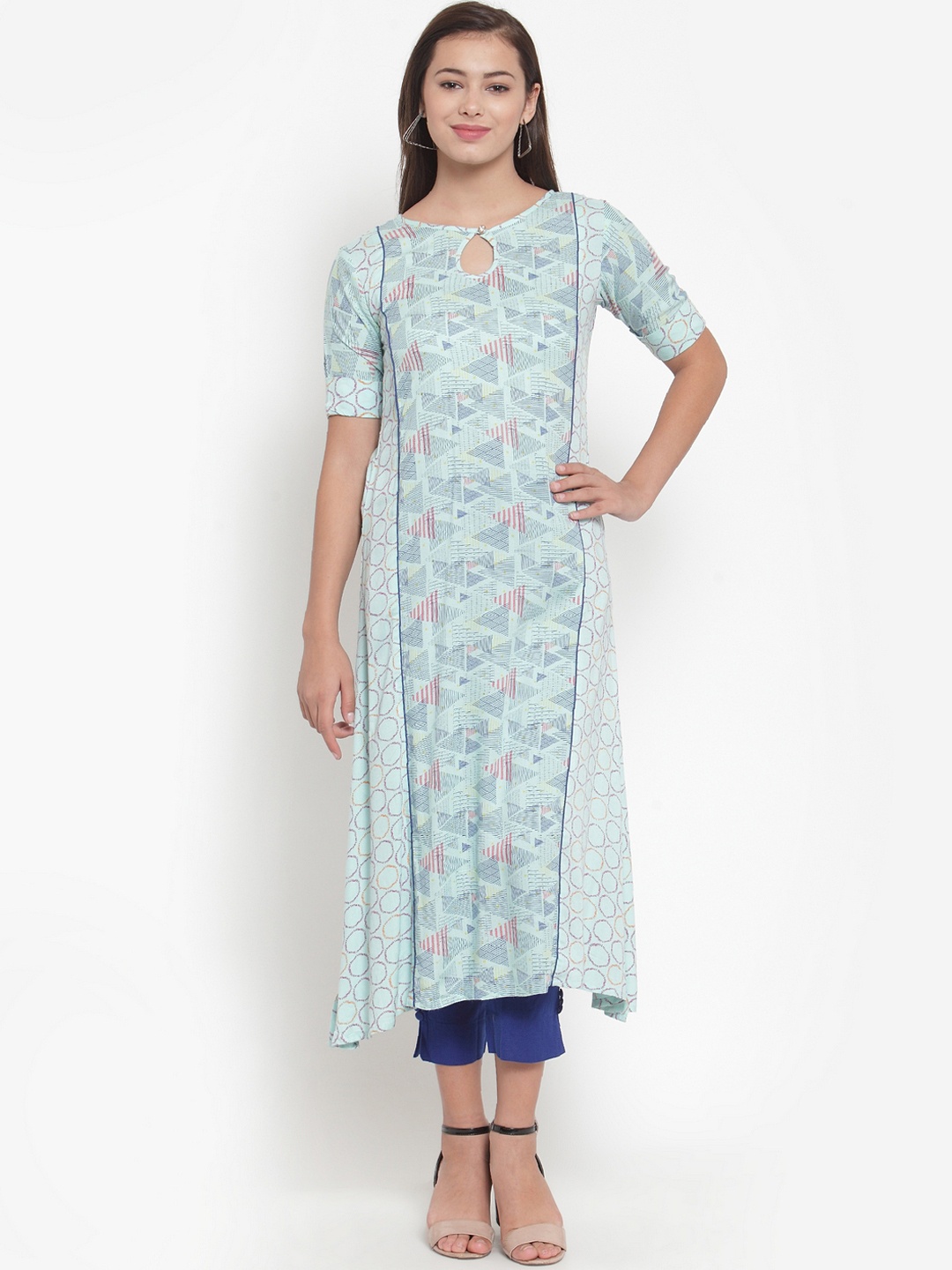 

Indibelle Women Turquoise Blue & Pink Printed A-Line Kurta