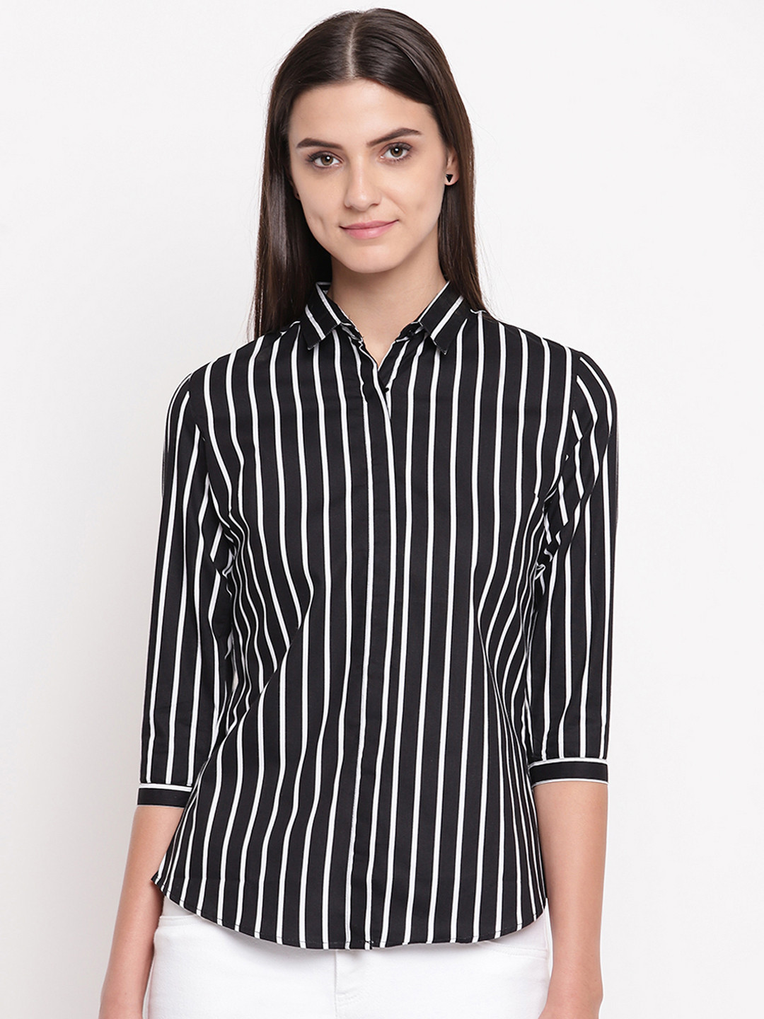 

Hancock Women Black & White Regular Fit Striped Formal Shirt