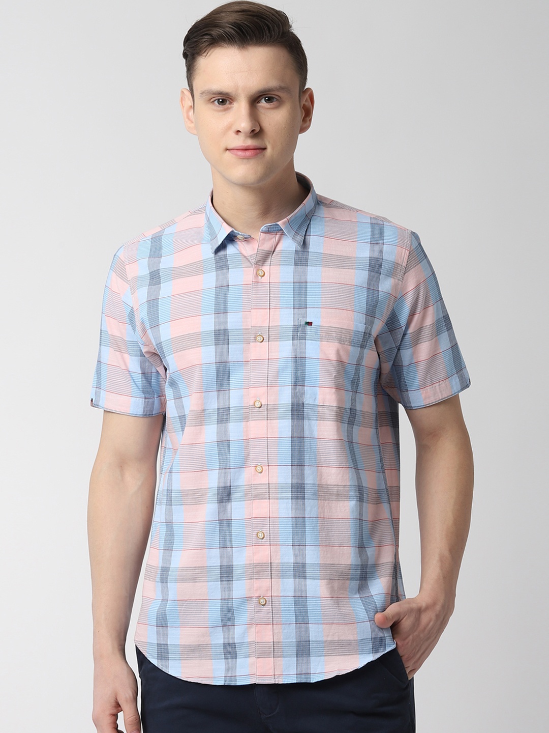 

Peter England Casuals Men Blue & Peach-Coloured Slim Fit Checked Casual Shirt