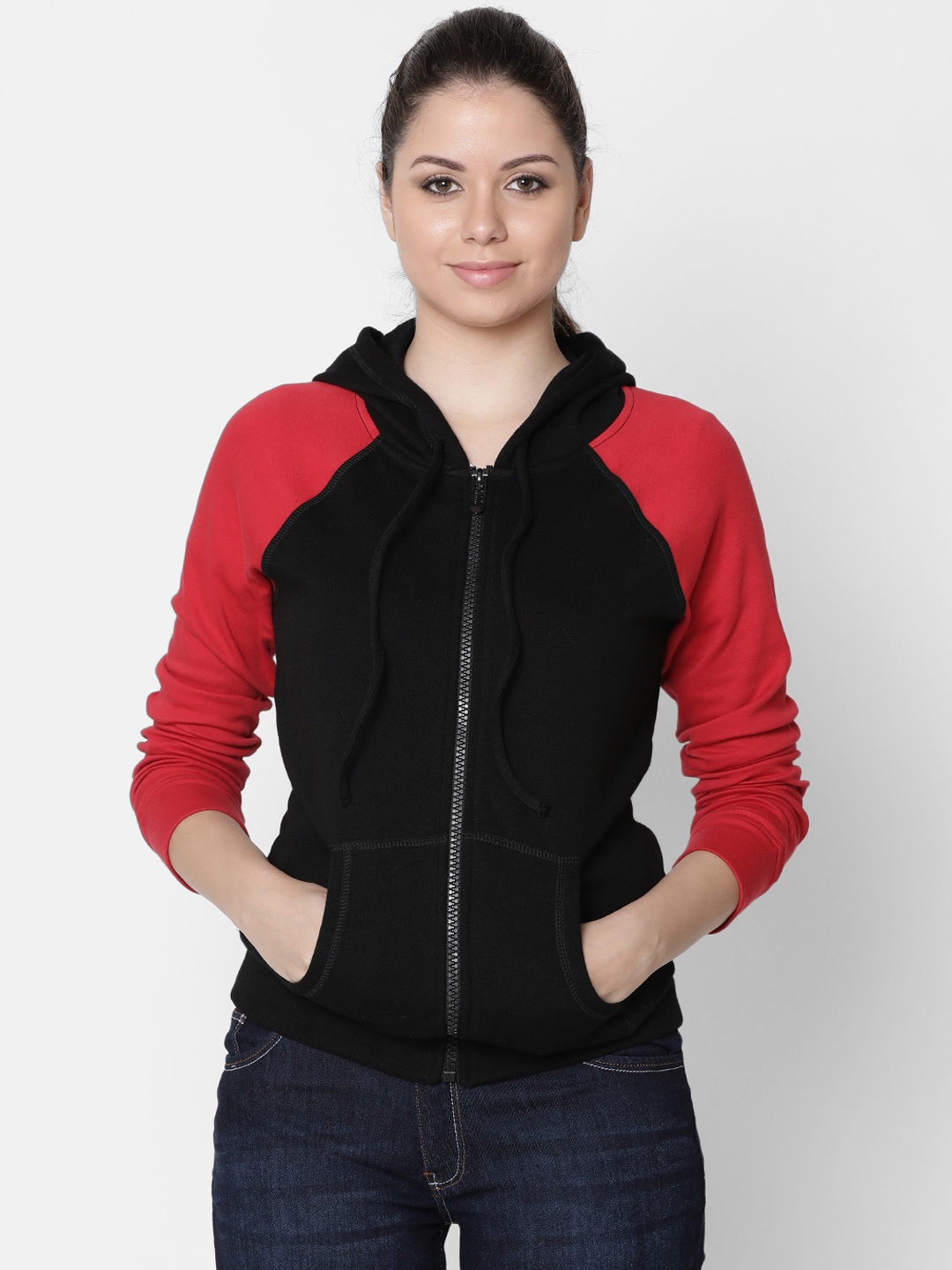 

Rute Women Black & Red Solid Hooded Sweatshirt