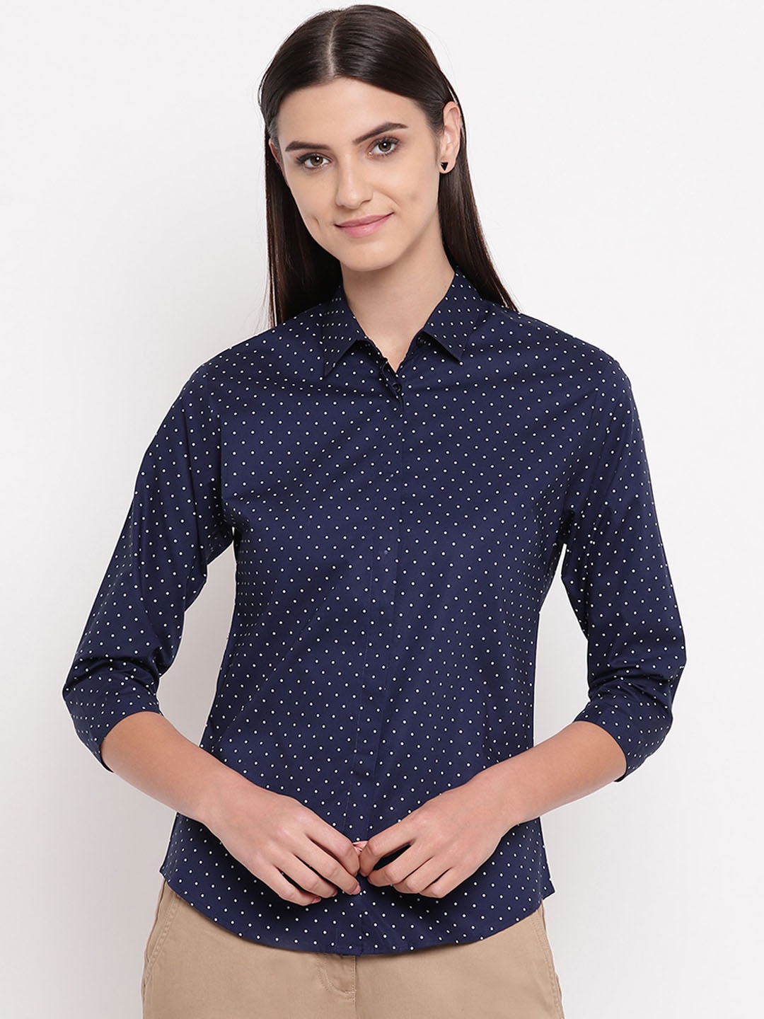 

Hancock Women Navy Blue & White Regular Fit Printed Formal Shirt