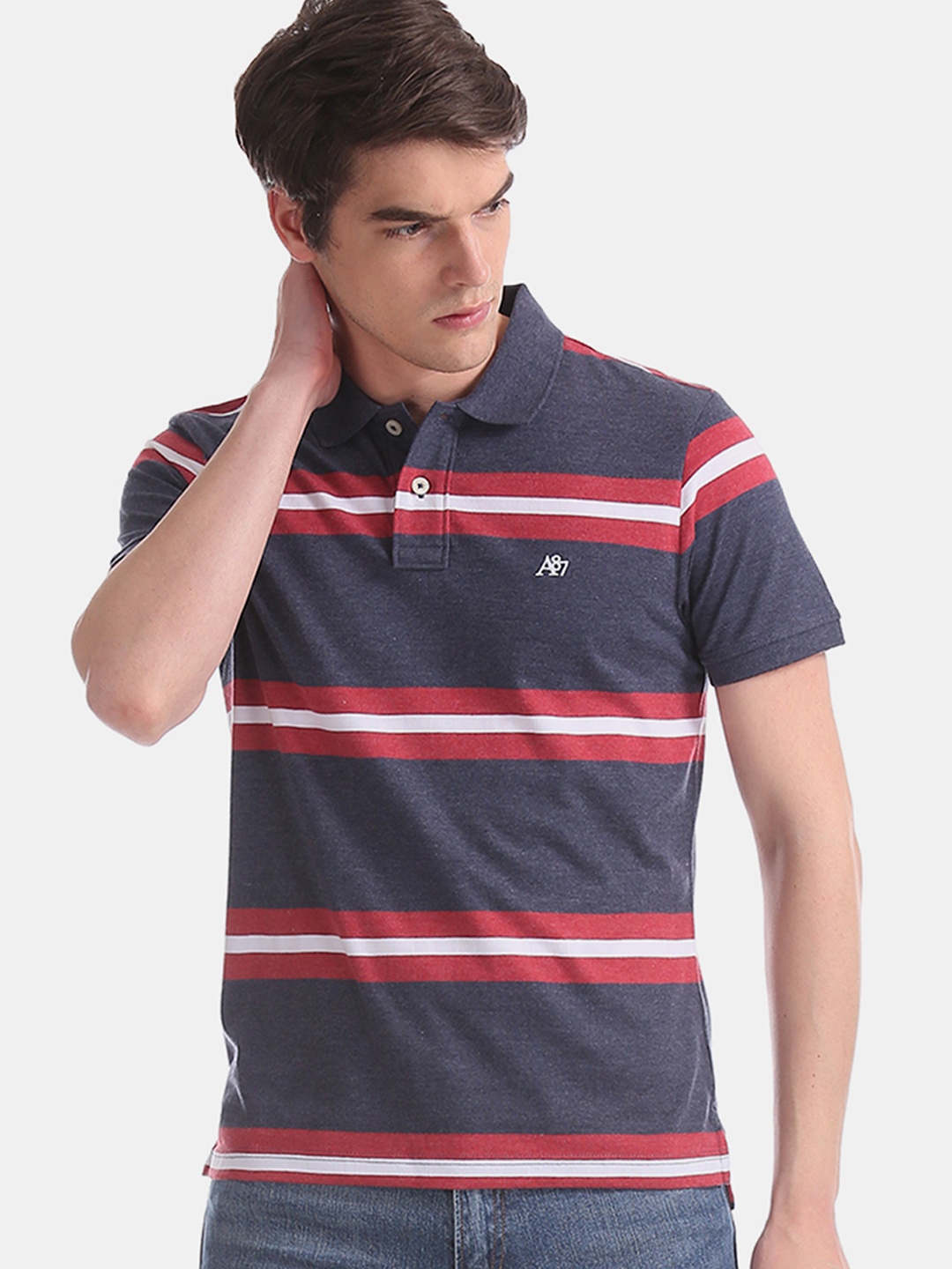 

Aeropostale Men Blue Striped Polo Collar T-shirt
