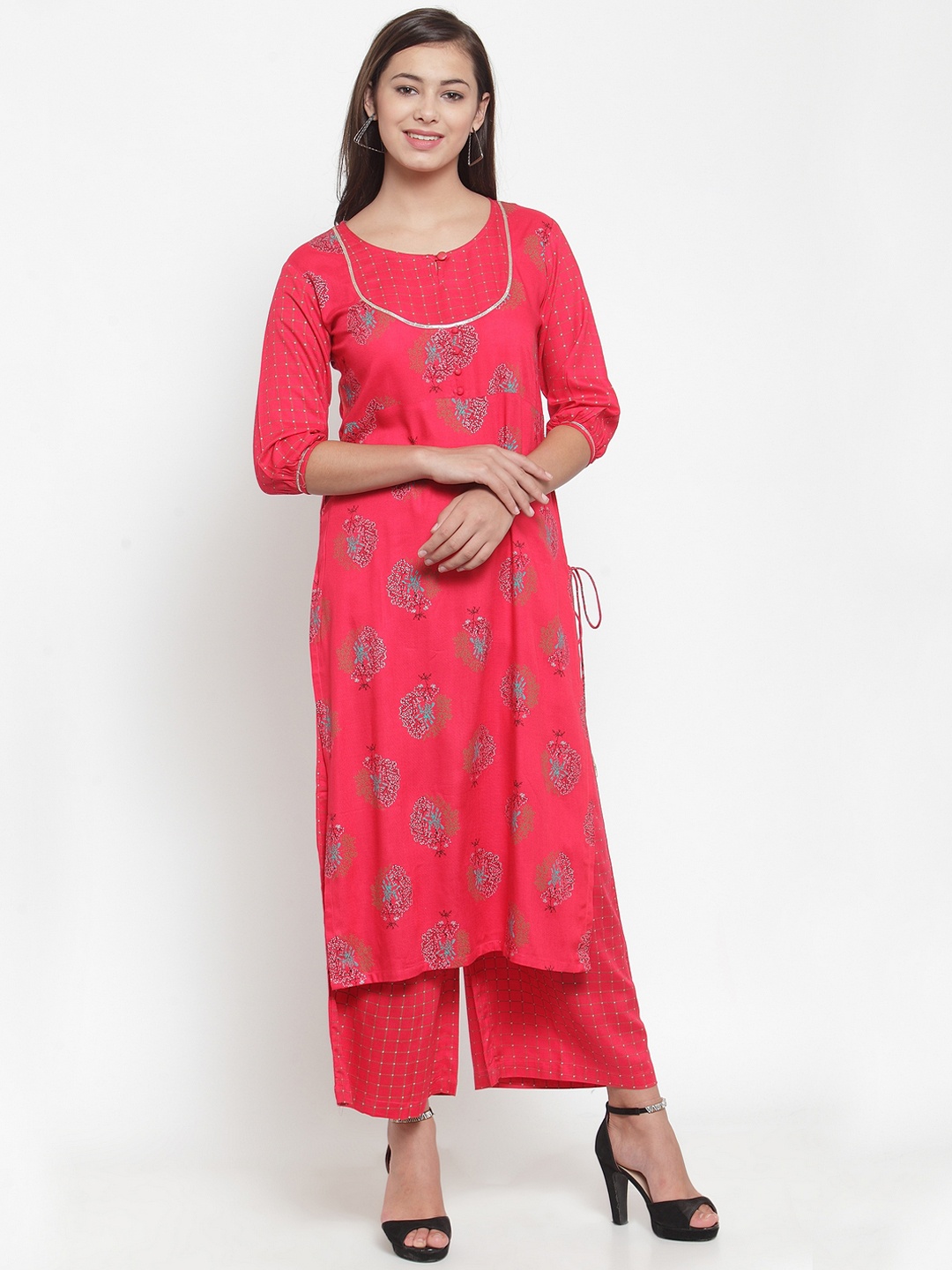 

Indibelle Women Pink Block Printed Kurta with Palazzos