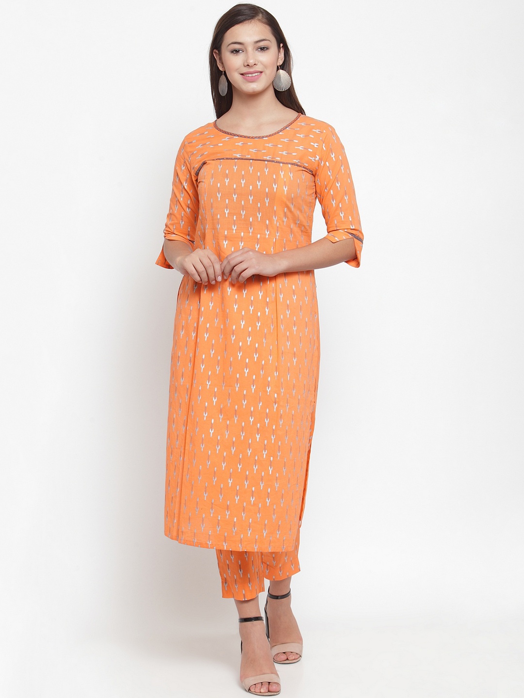 

Indibelle Women Orange & Silver Printed Straight Kurta