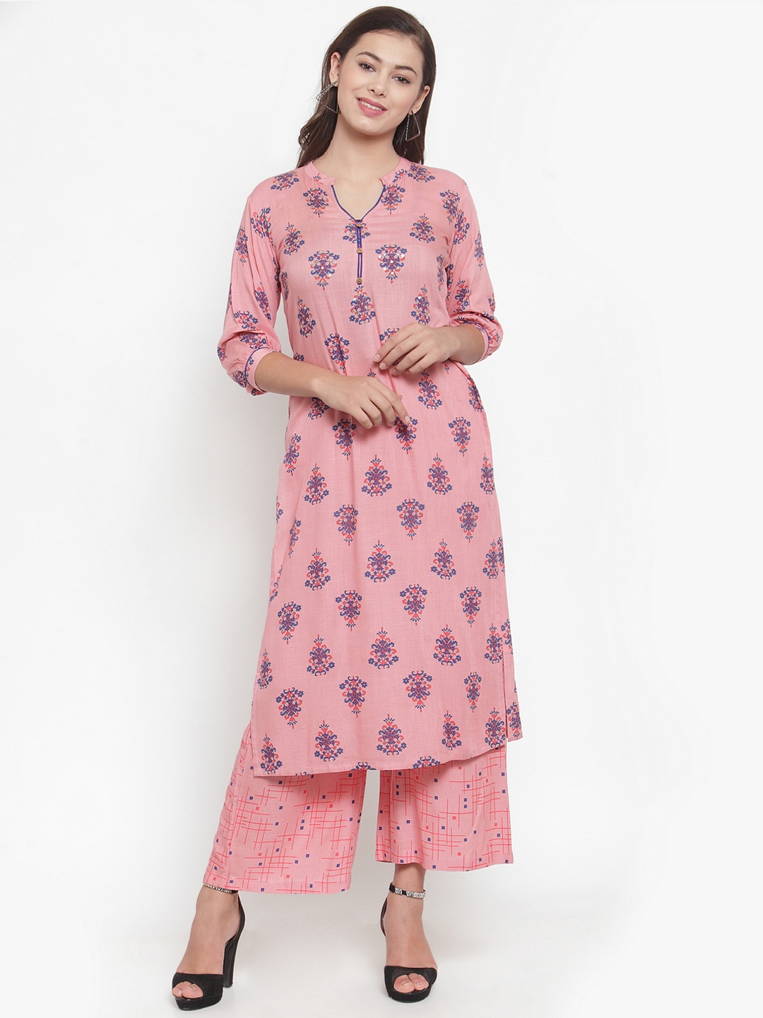 

Indibelle Women Peach-Coloured & Blue Block Print Straight Kurta