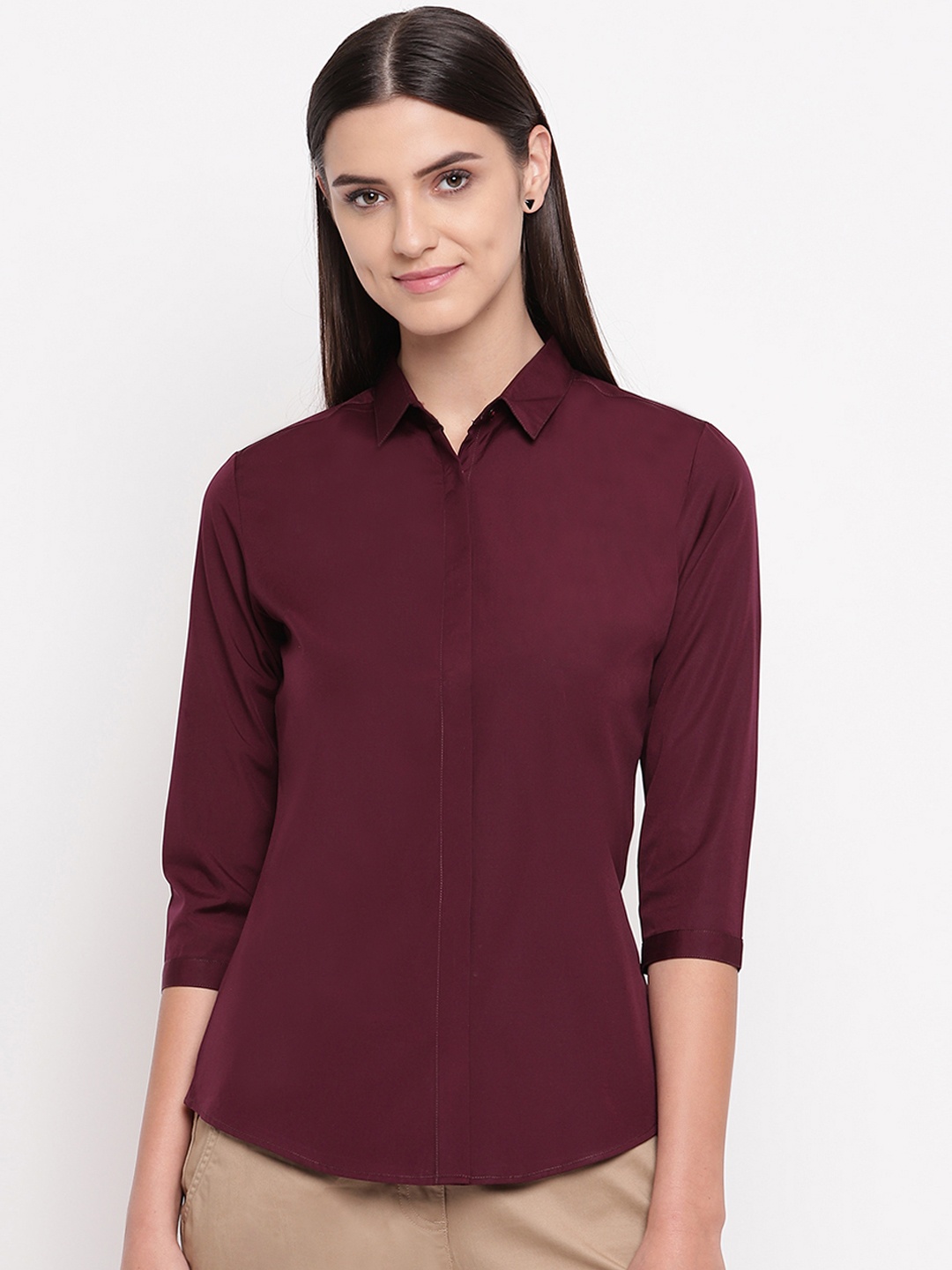 

Hancock Women Burgundy Solid Slim Fit Pure Cotton Formal Shirt