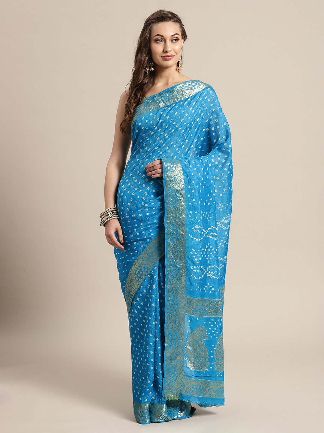 

Geroo Jaipur Hand Dyed Turquoise Blue Bandhani Silk Sustainable Saree
