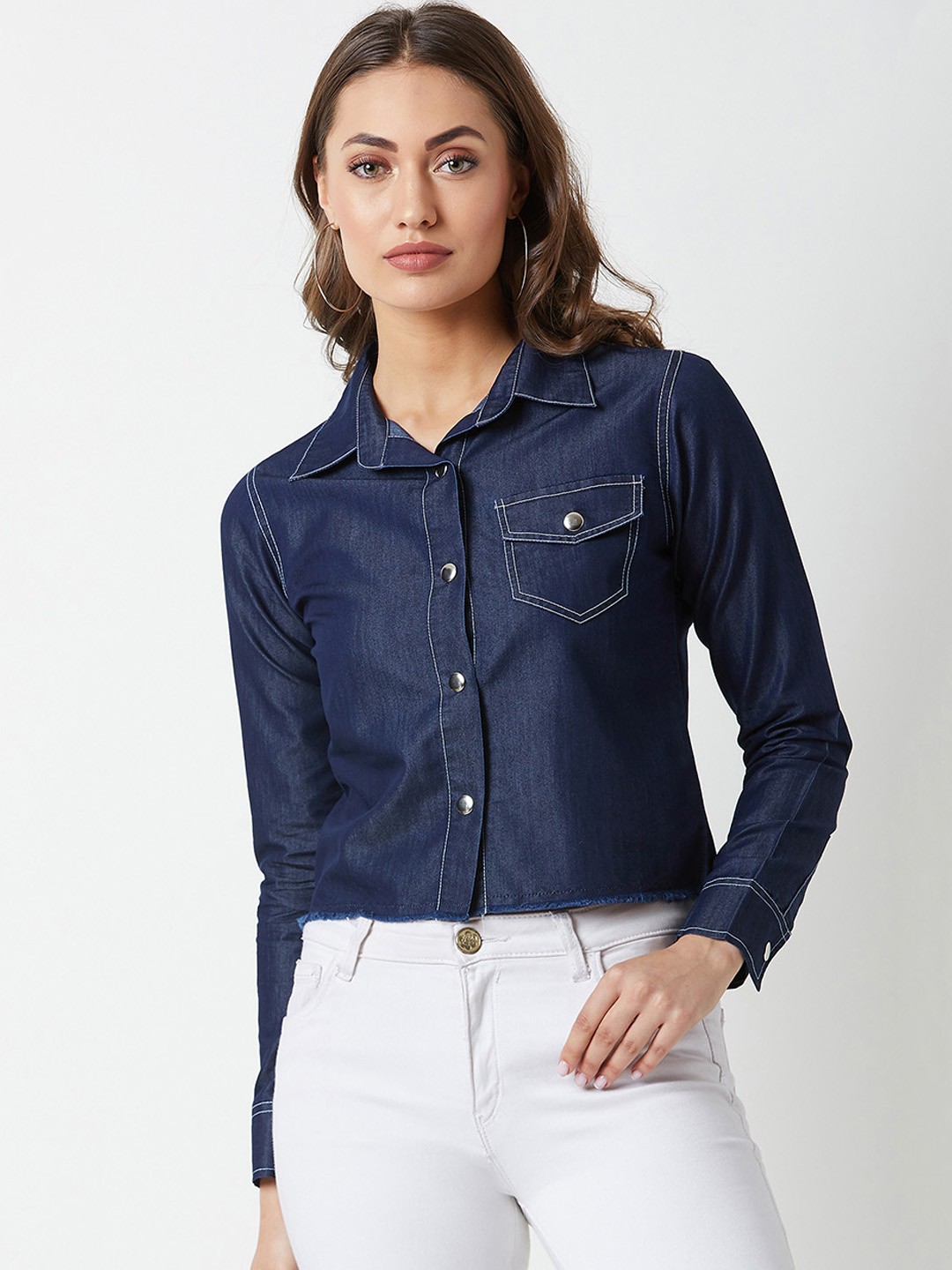 

Miss Chase Women Navy Blue Denim Solid Casual Shirt