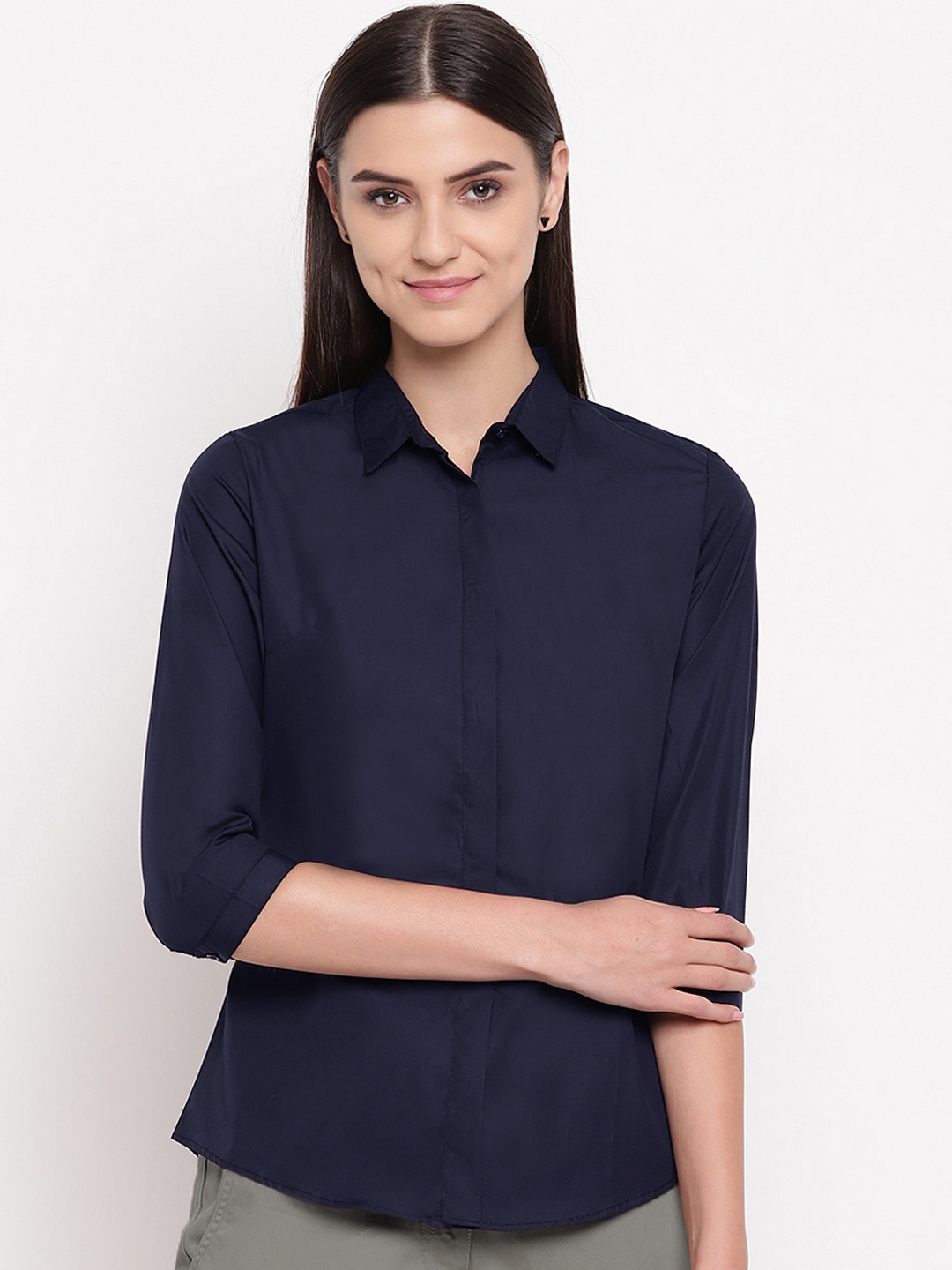 

Hancock Women Navy Blue Solid Slim Fit Pure Cotton Formal Shirt