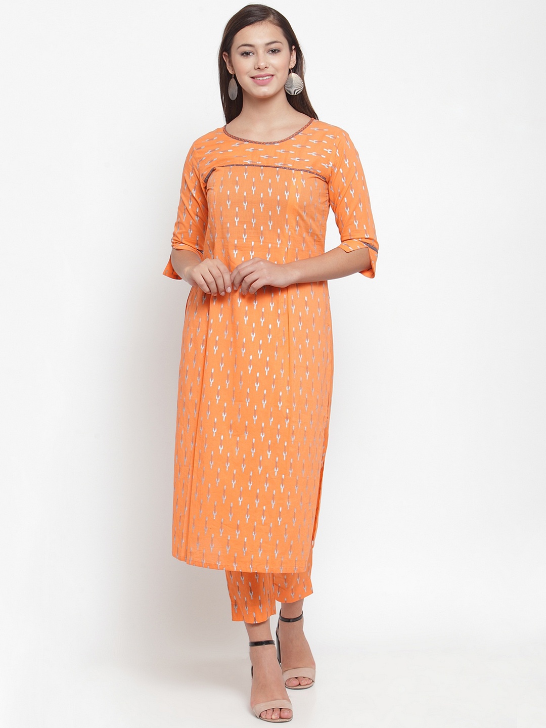 Indibelle Women Orange & Grey Printed Kurta with Trousers