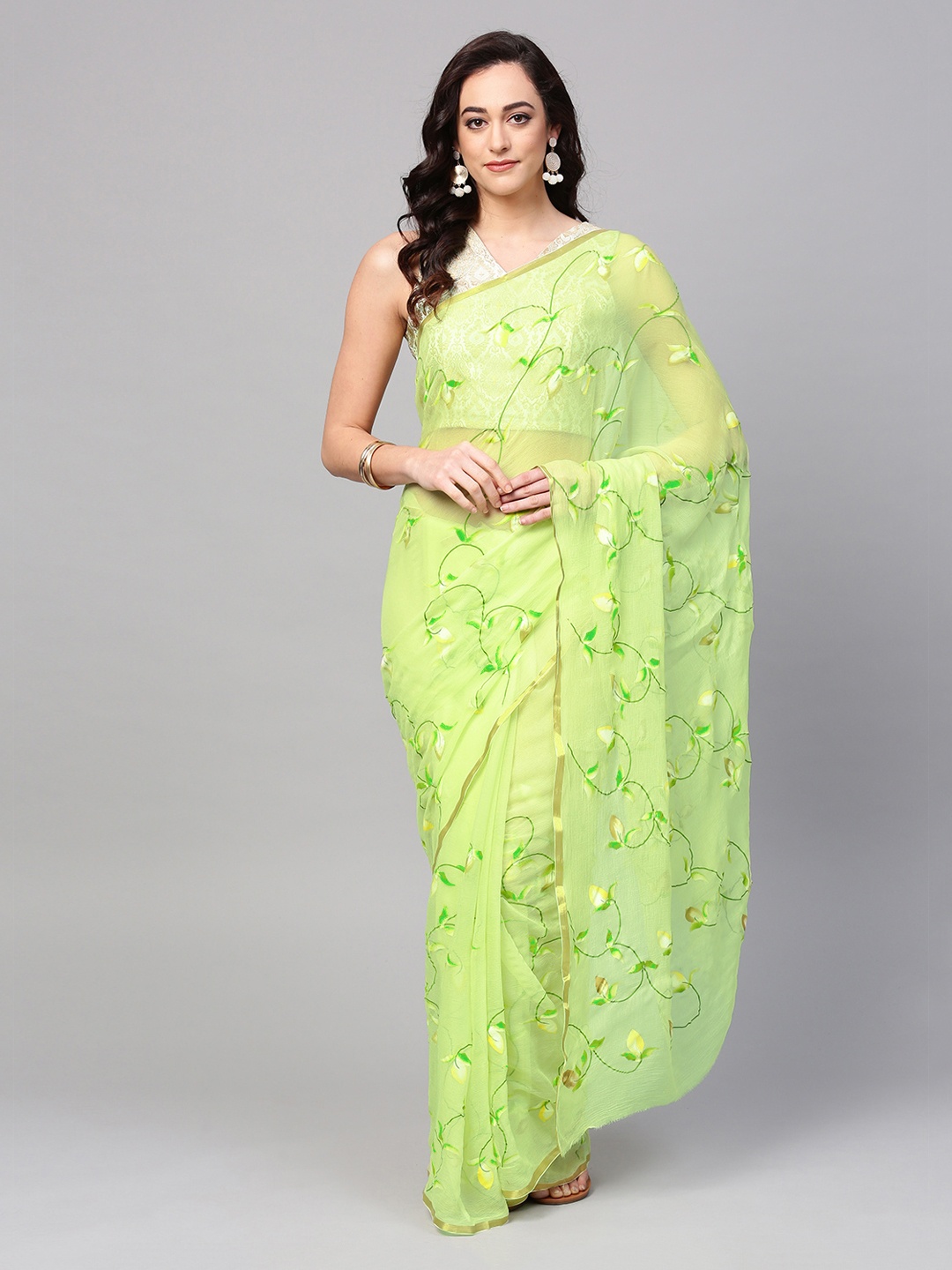 

Geroo Jaipur Lime Green Printed Pure Chiffon Saree