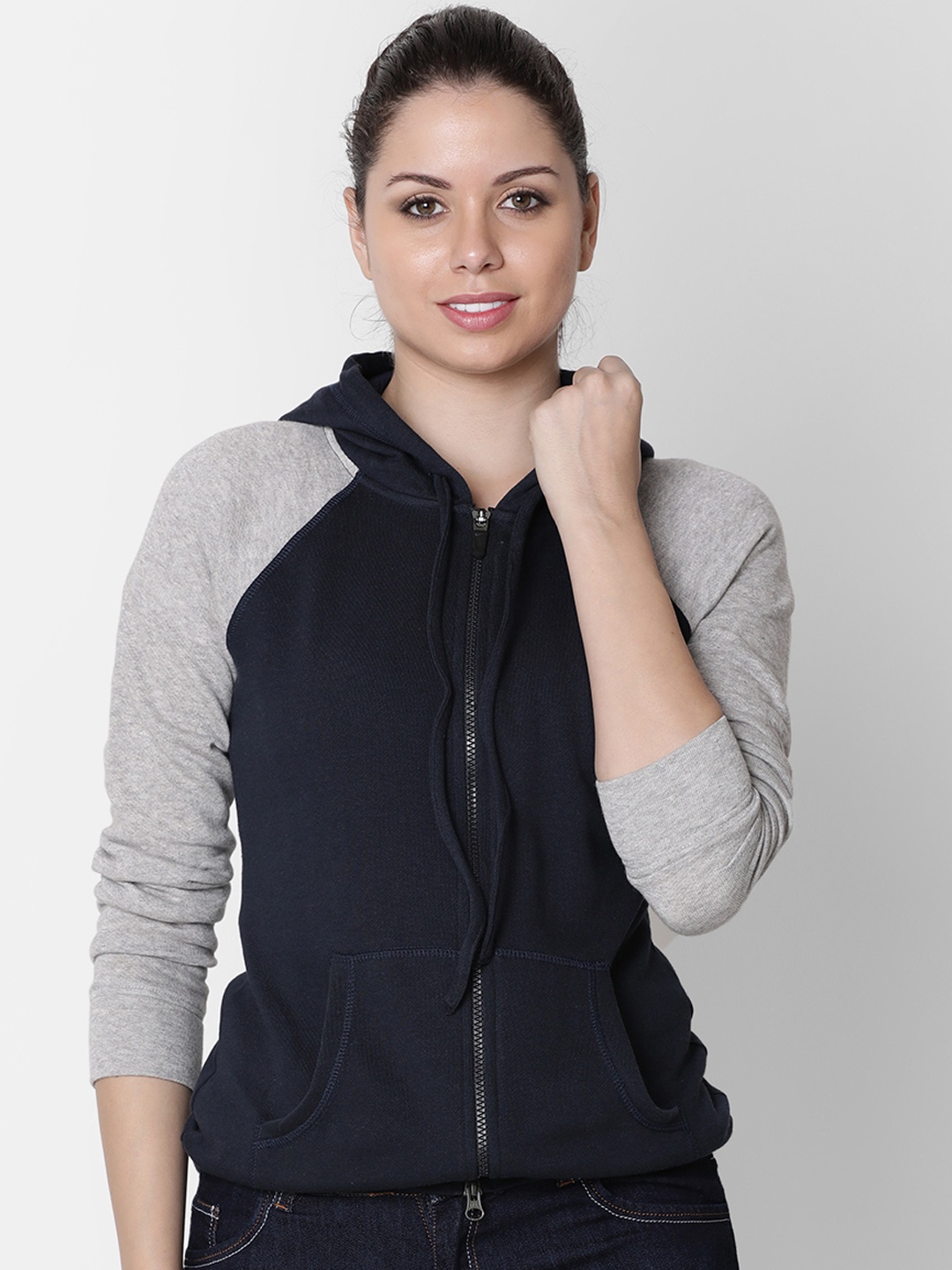 

Rute Women Navy Blue & Grey Solid Hooded Sweatshirt