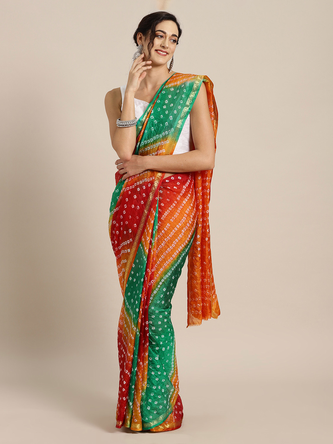 

Geroo Jaipur Hand Dyed Green & Orange Bandhani Silk Sustainable Saree
