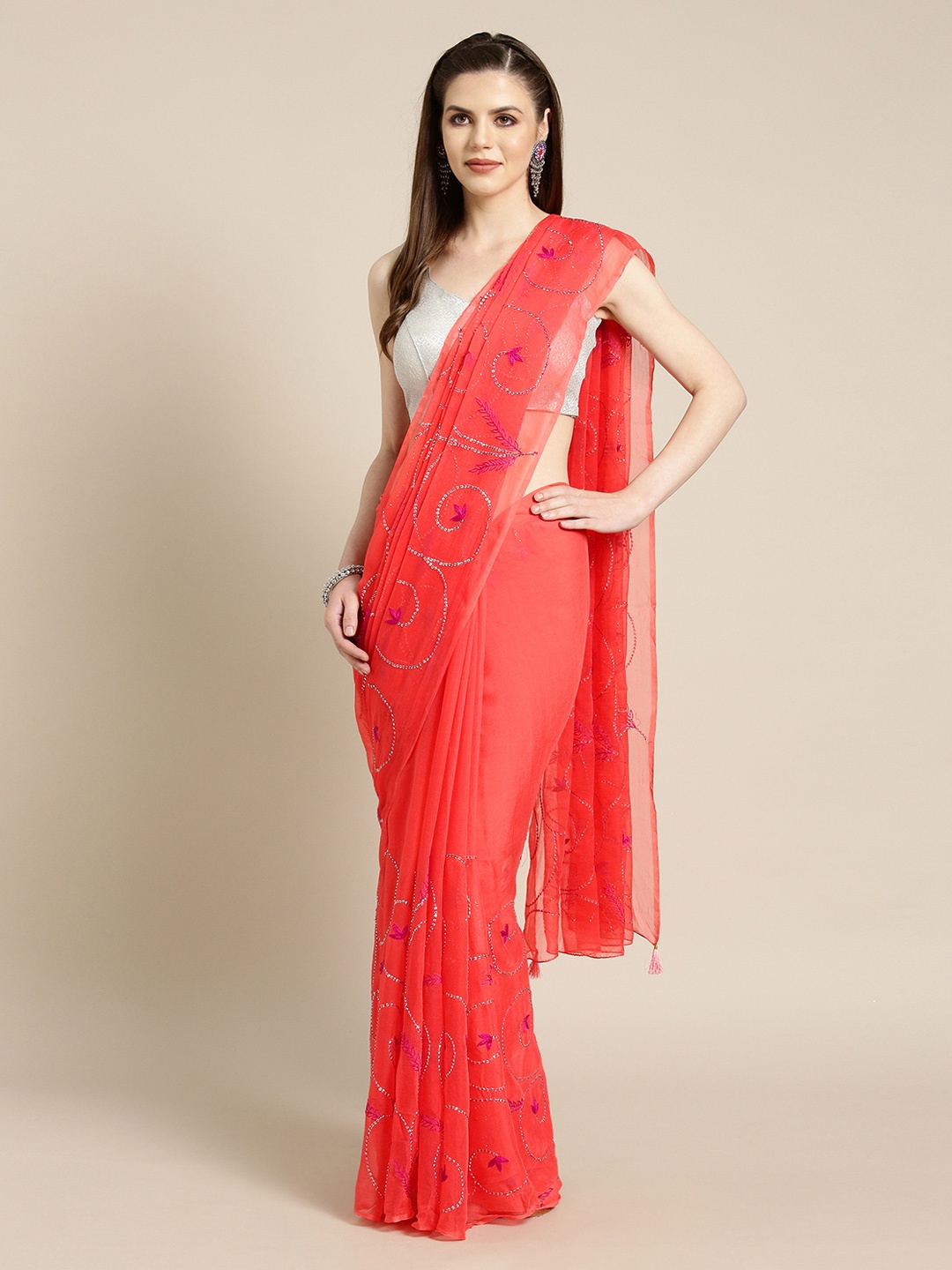 

Geroo Jaipur Red Embroidered Pure Chiffon Saree