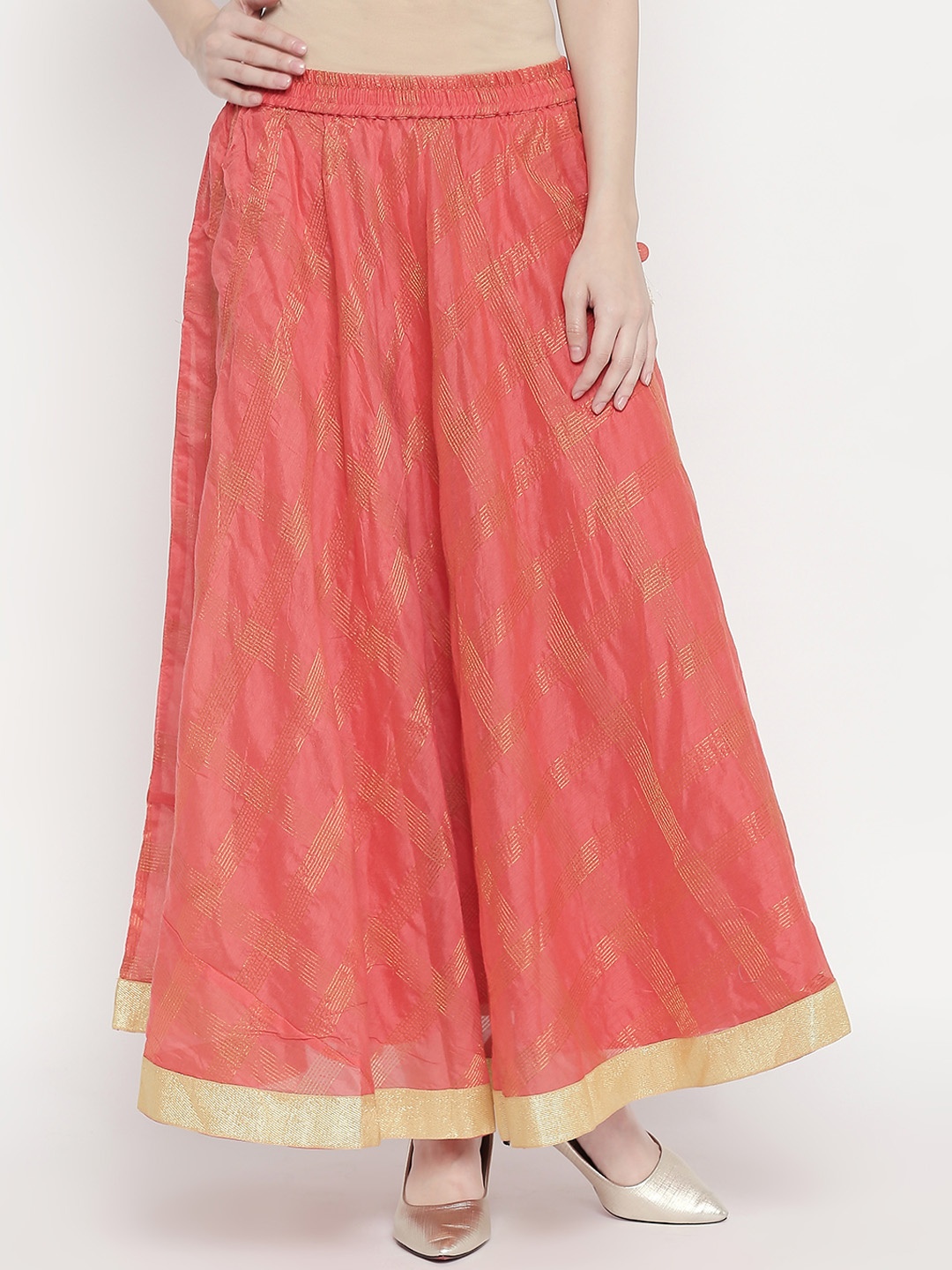 

AKKRITI Women Coral Pink & Gold-Toned Self-Design Flared Maxi Skirt