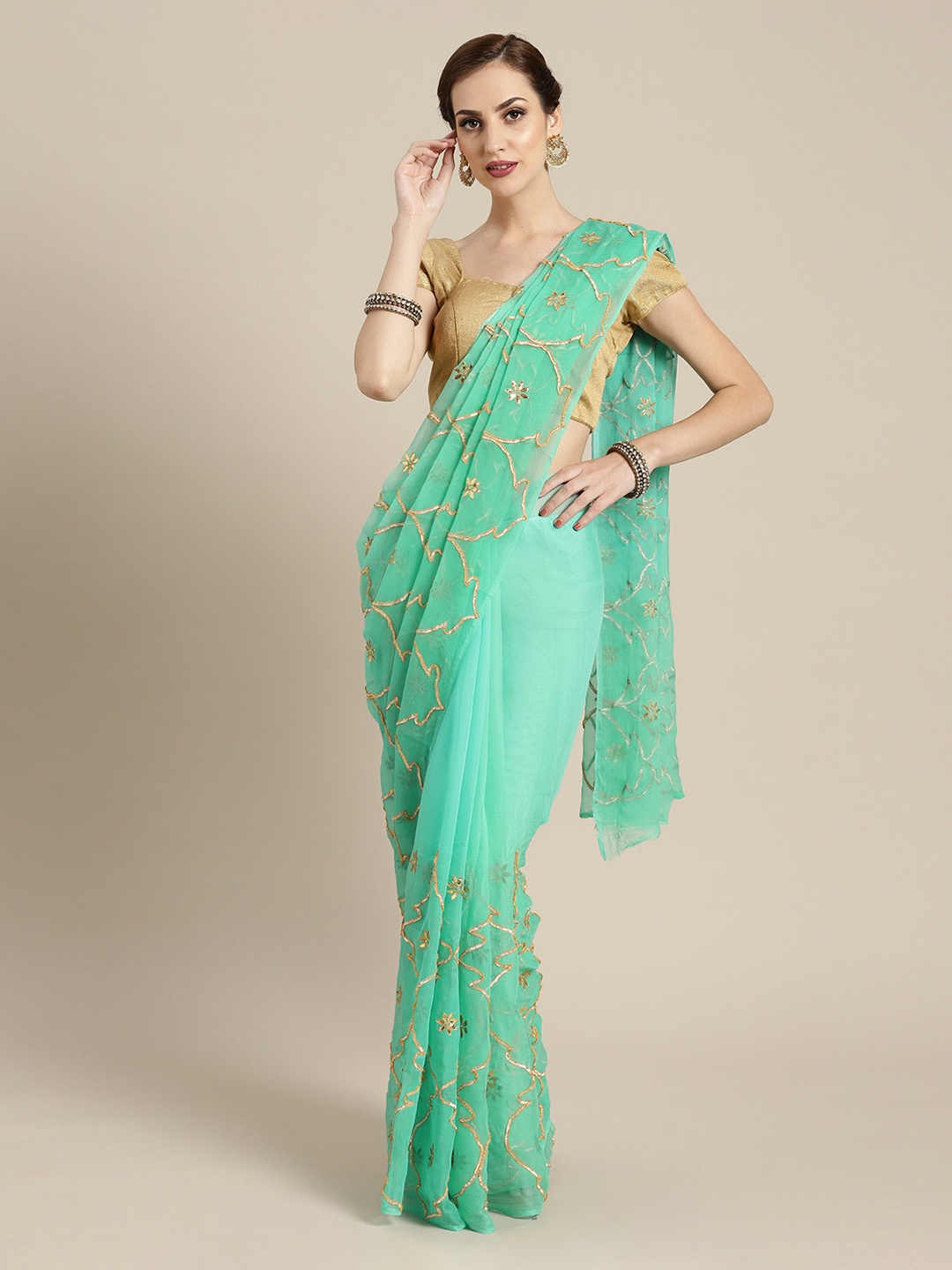 

Geroo Jaipur Turquoise Blue Gota Patti Embroidered Pure Chiffon Saree