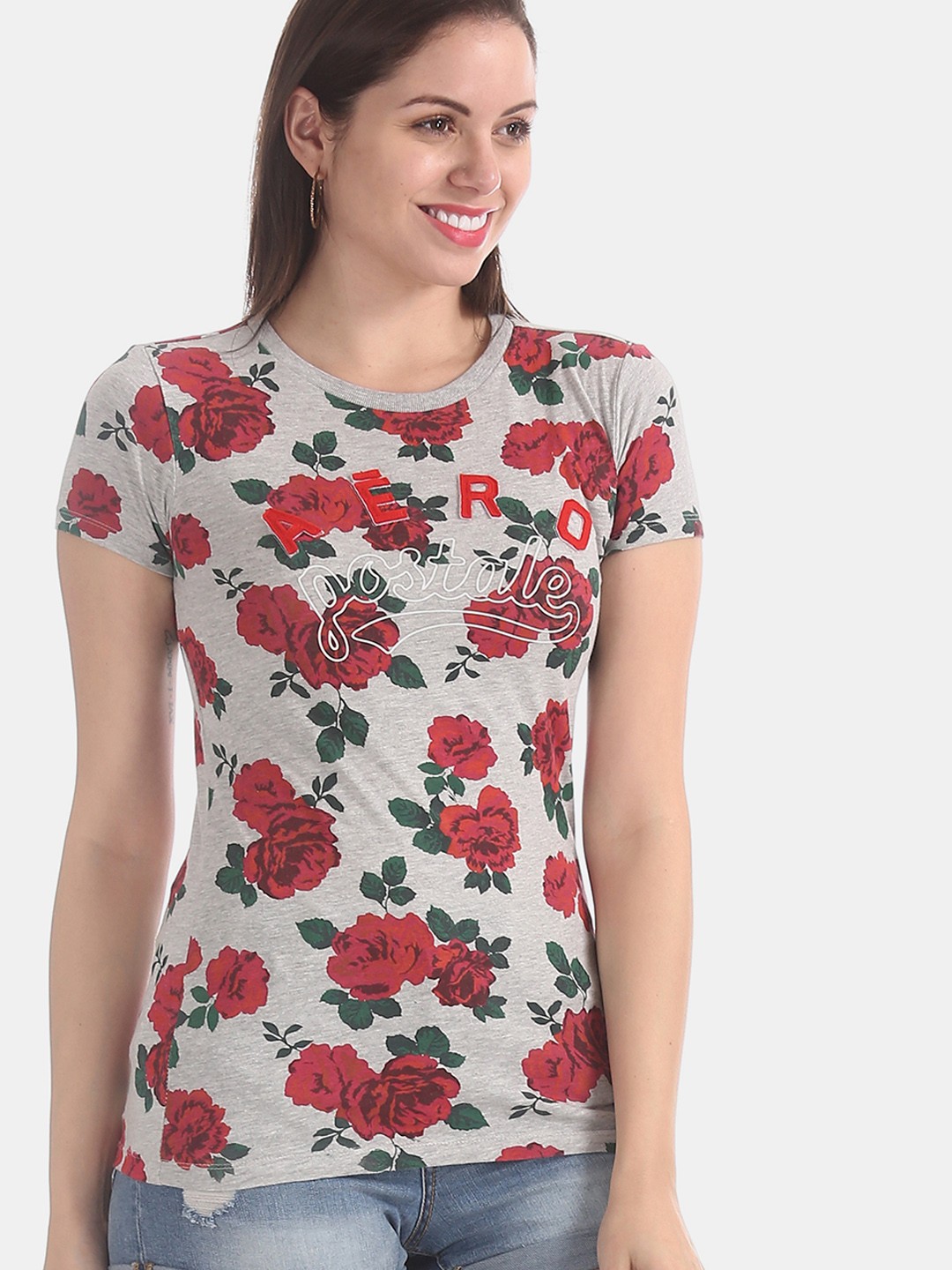 

Aeropostale Women Grey Red Printed Round Neck Pure Cotton T-shirt