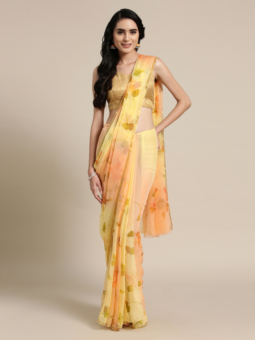 

Geroo Jaipur Yellow Printed Poly Chiffon Sustainable Saree