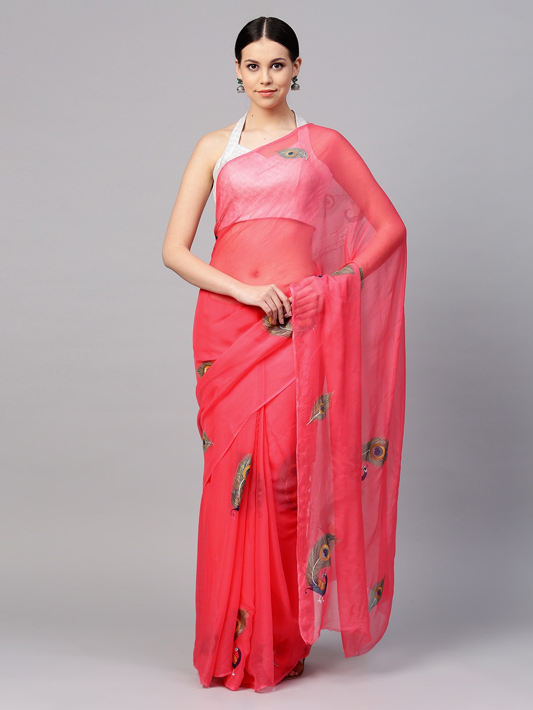 

Geroo Jaipur Pink Hand Painted Pure Chiffon Sustainable Saree