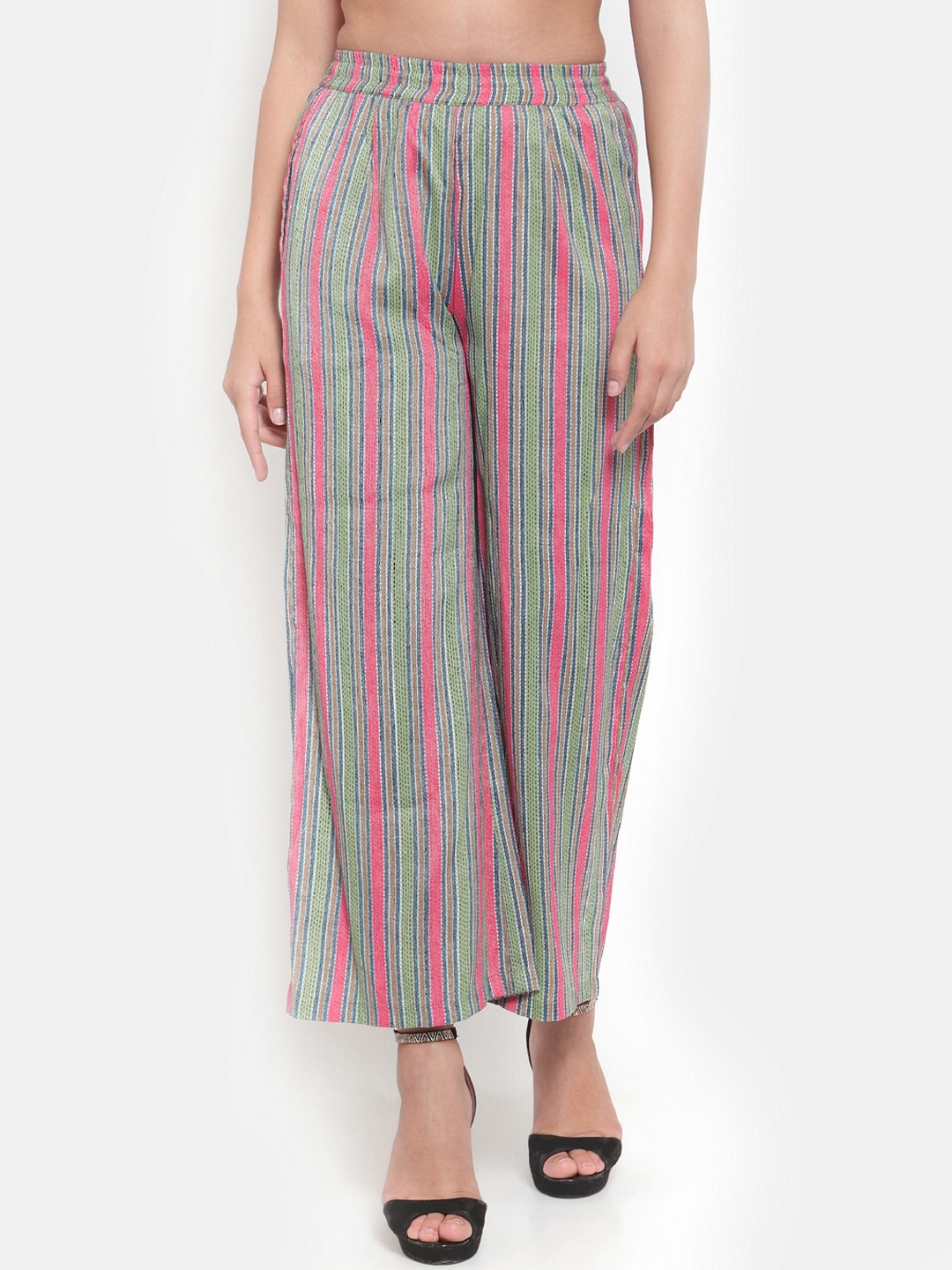

Indibelle Women Green & Pink Striped Straight Palazzos