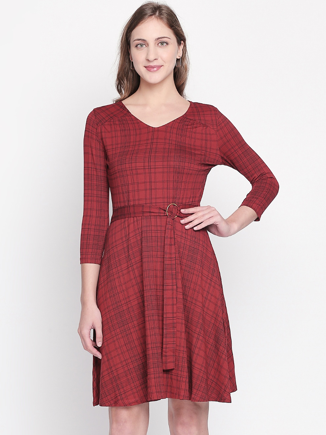 

Annabelle by Pantaloons Women Rust Red Checked Fit and Flare Dress