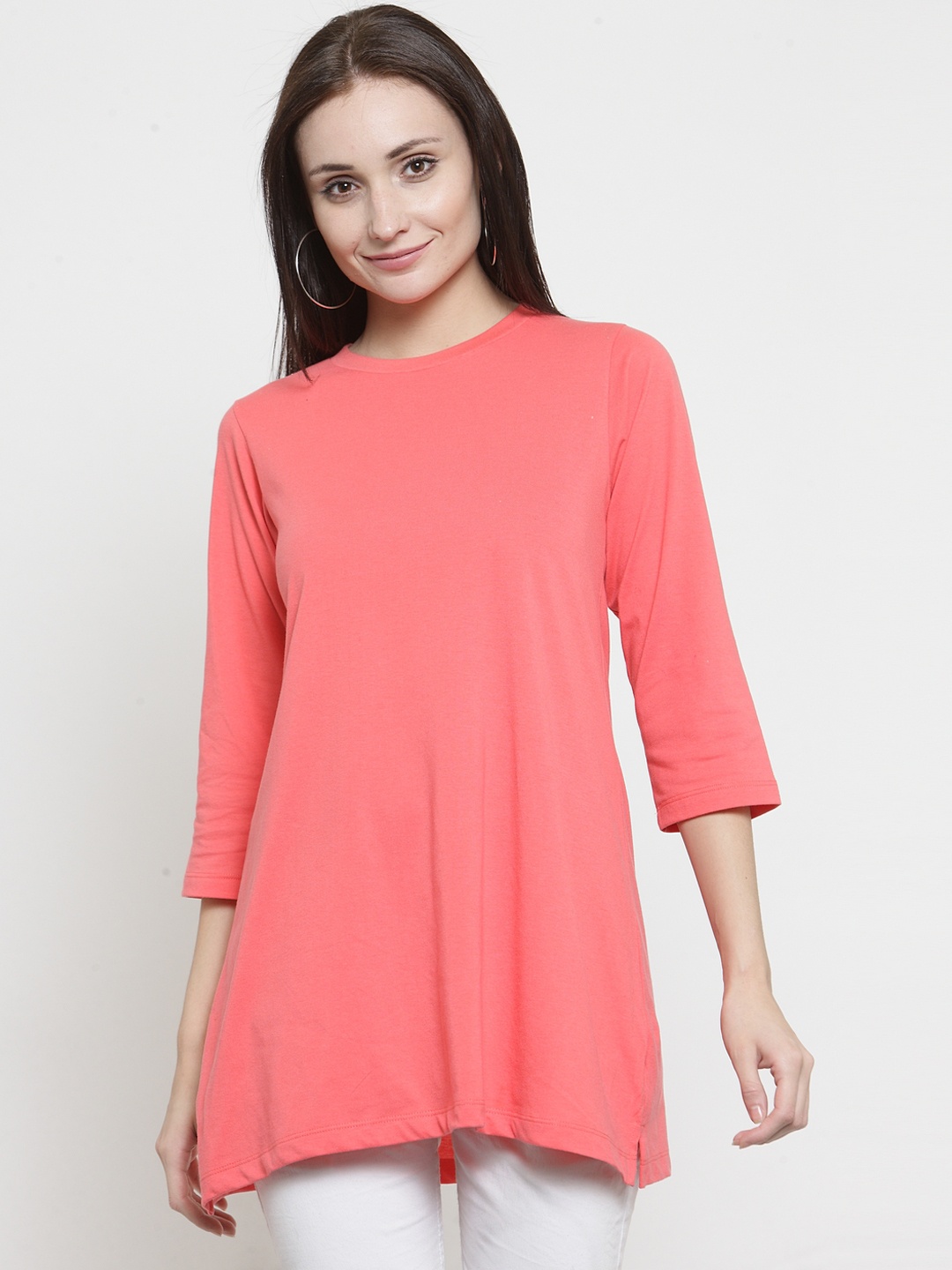 

Kalt Women Peach-Coloured Solid Round Neck T-shirt