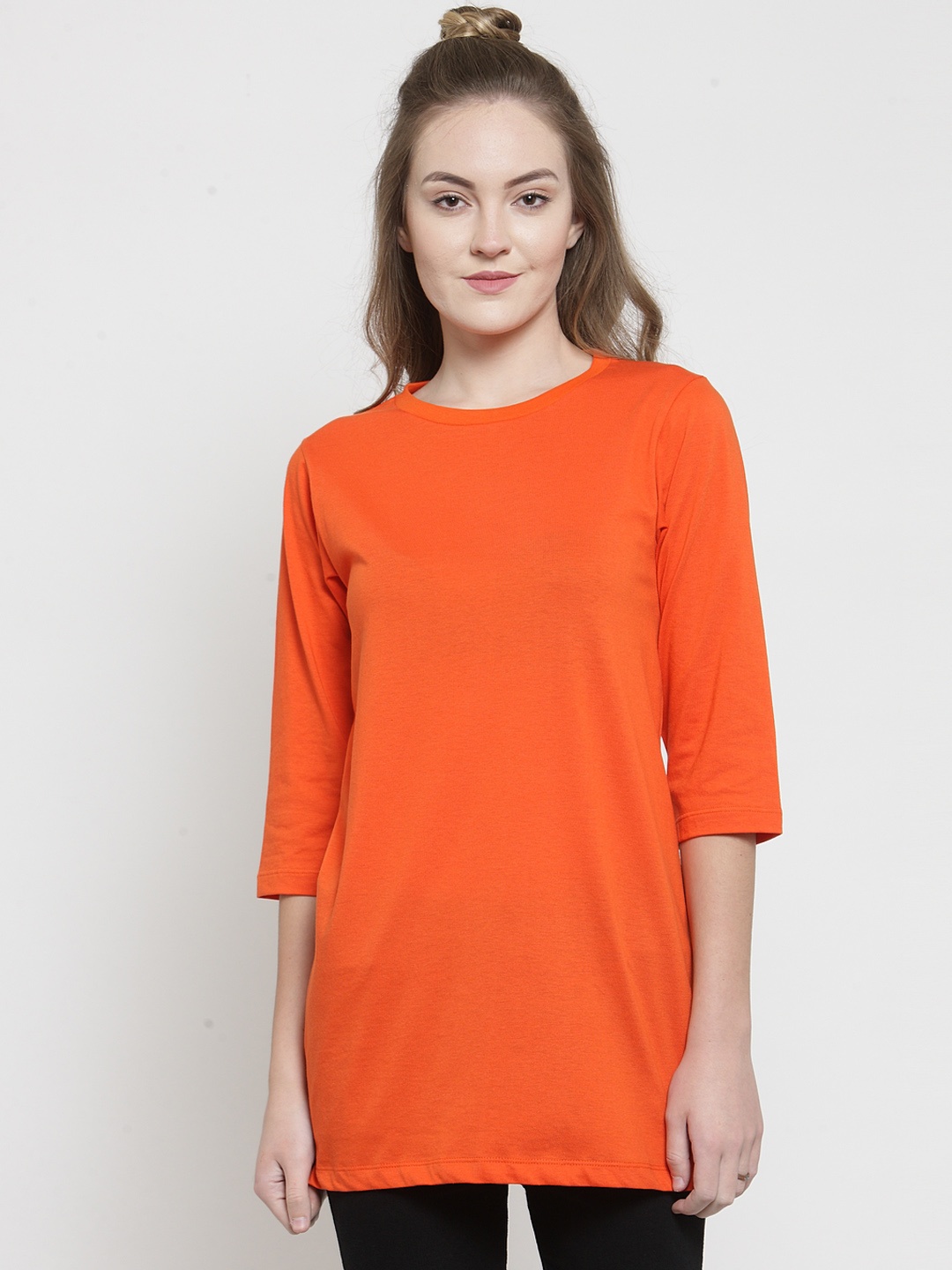 

Kalt Women Orange Solid Round Neck T-shirt