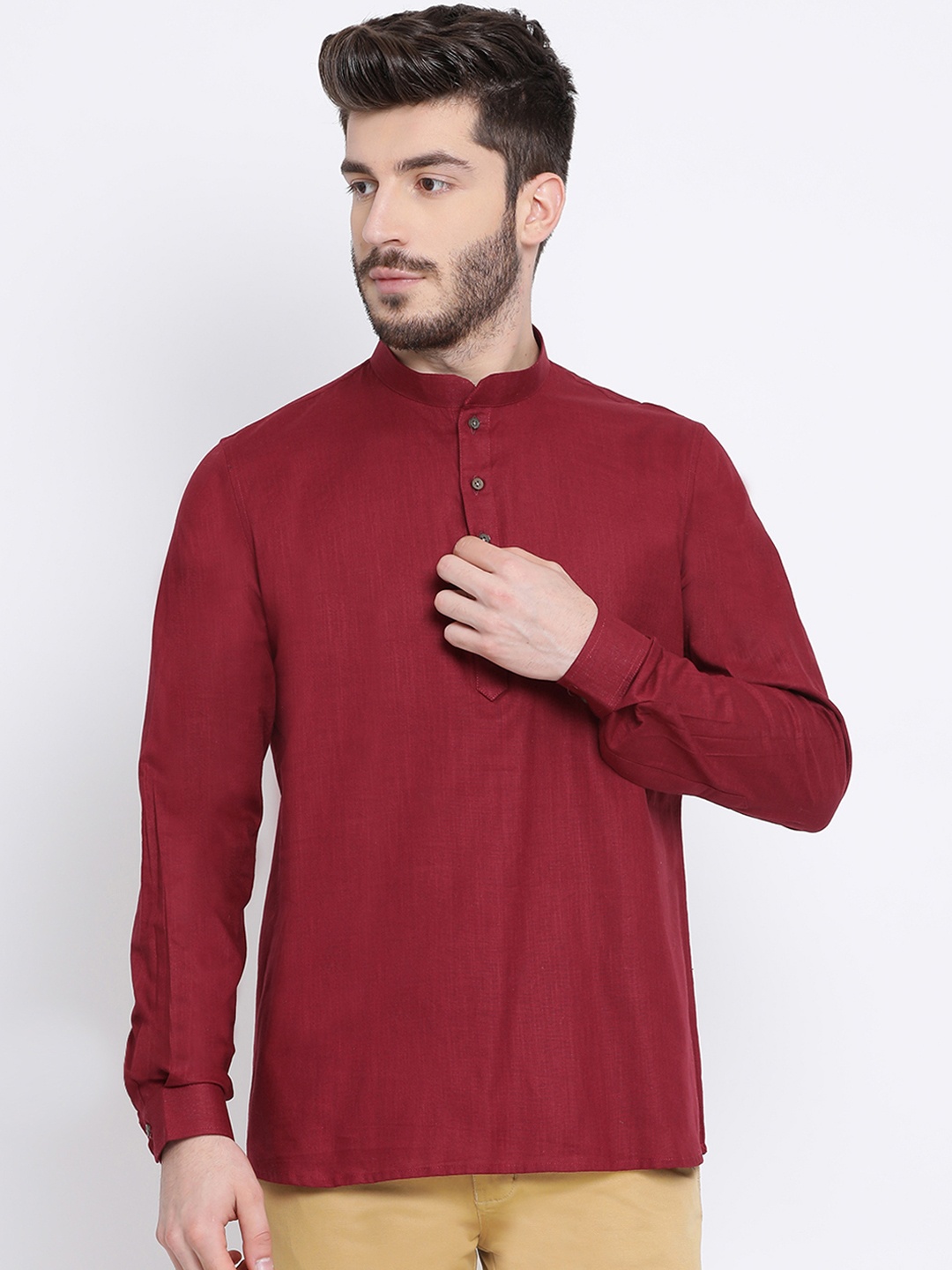

NAMASKAR Men Maroon Solid Straight Kurta