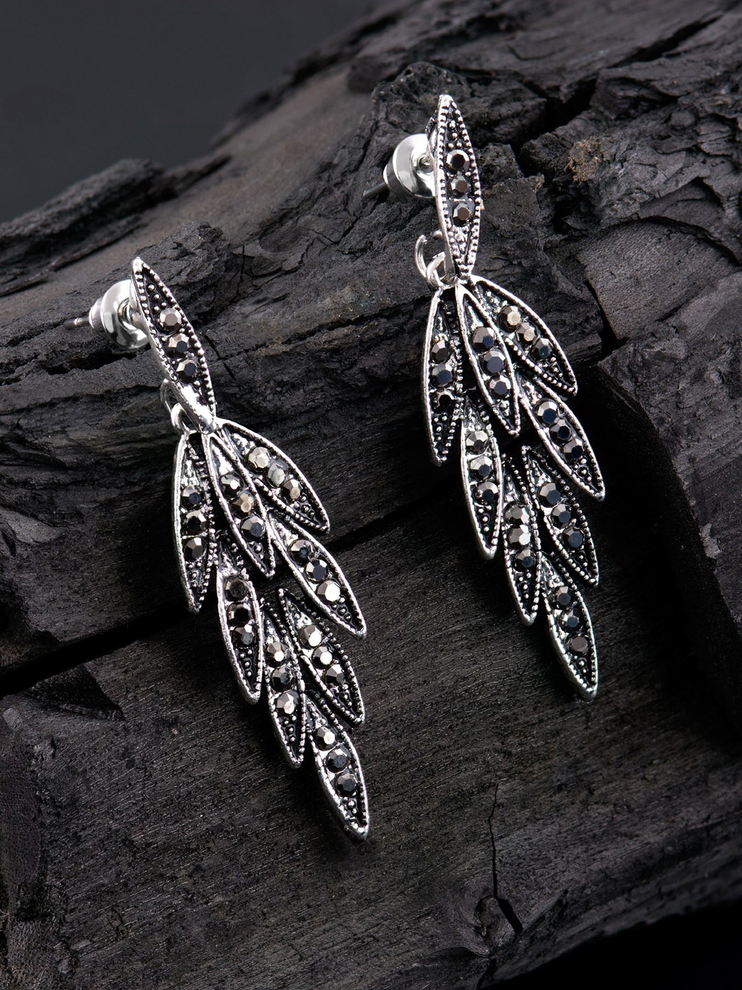 

E2O Silver-Plated & Black Leaf Shaped Drop Earrings