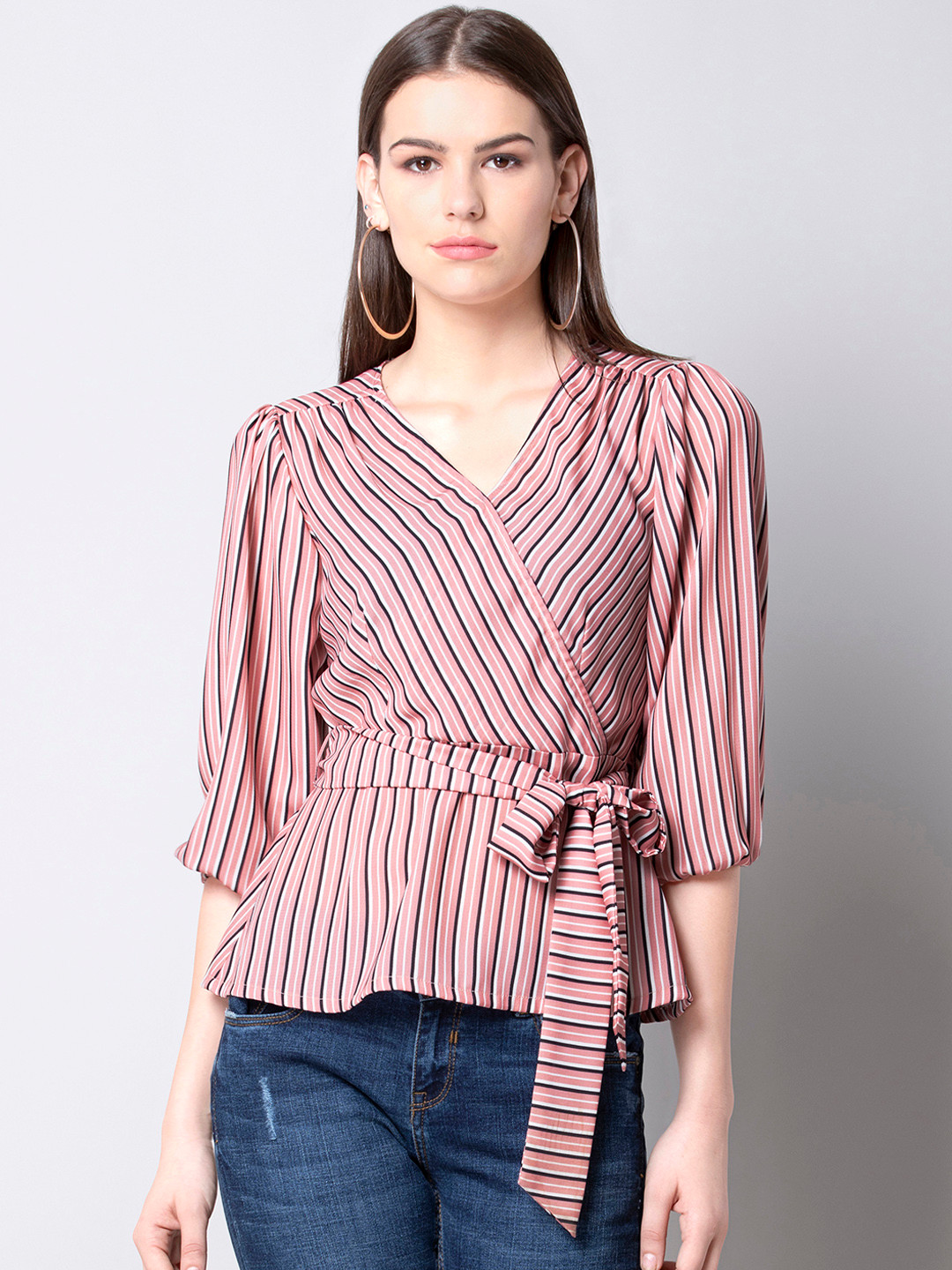 

FabAlley Women Pink Striped Wrap Top