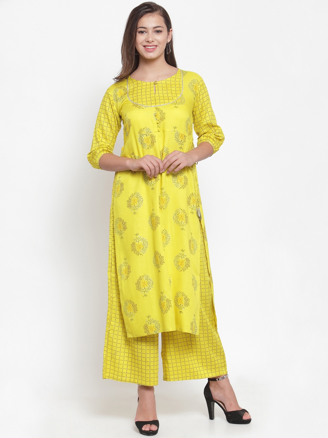 

Indibelle Women Yellow Block Printed Kurta with Palazzos