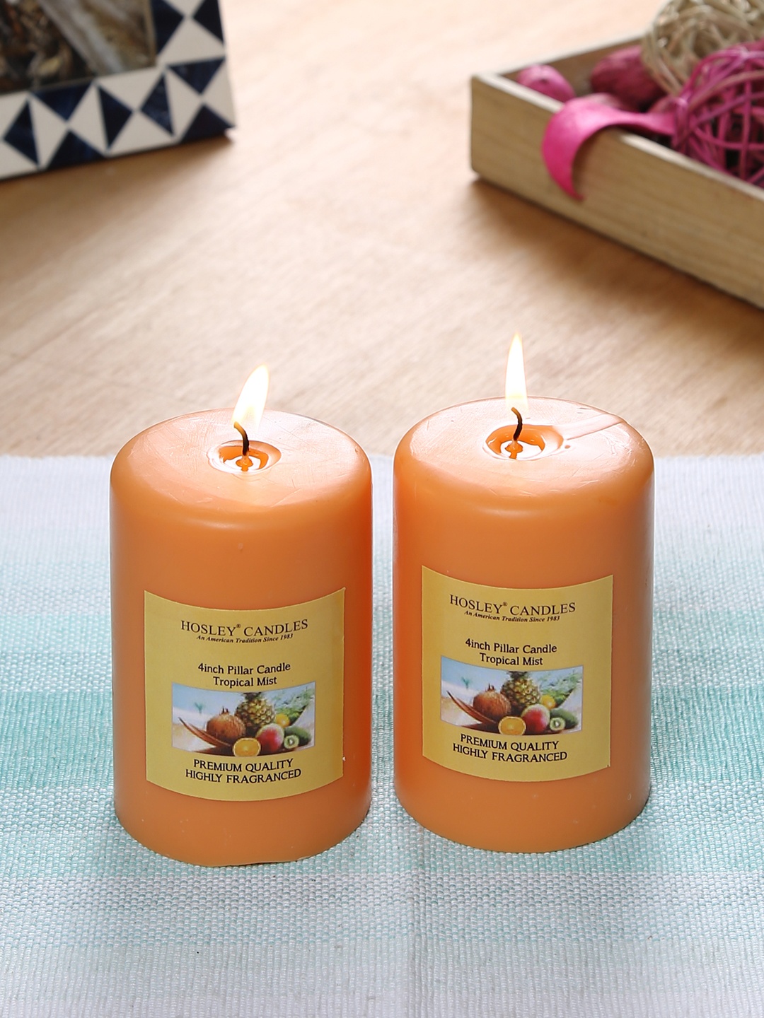 HOSLEY Set of 3 Orange Tropical Mist Fragranced Wax Pillar Candles
