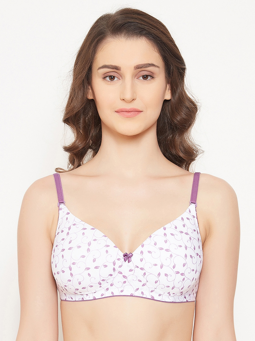 

Clovia White & Purple Printed Non-Wired Lightly Padded T-shirt Bra BR0738O1832B