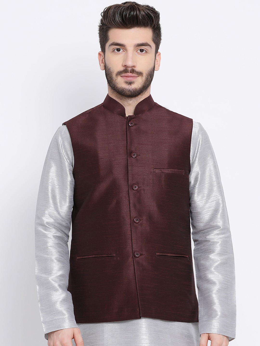 

Namaskar Men Brown Solid Woven Nehru Jacket