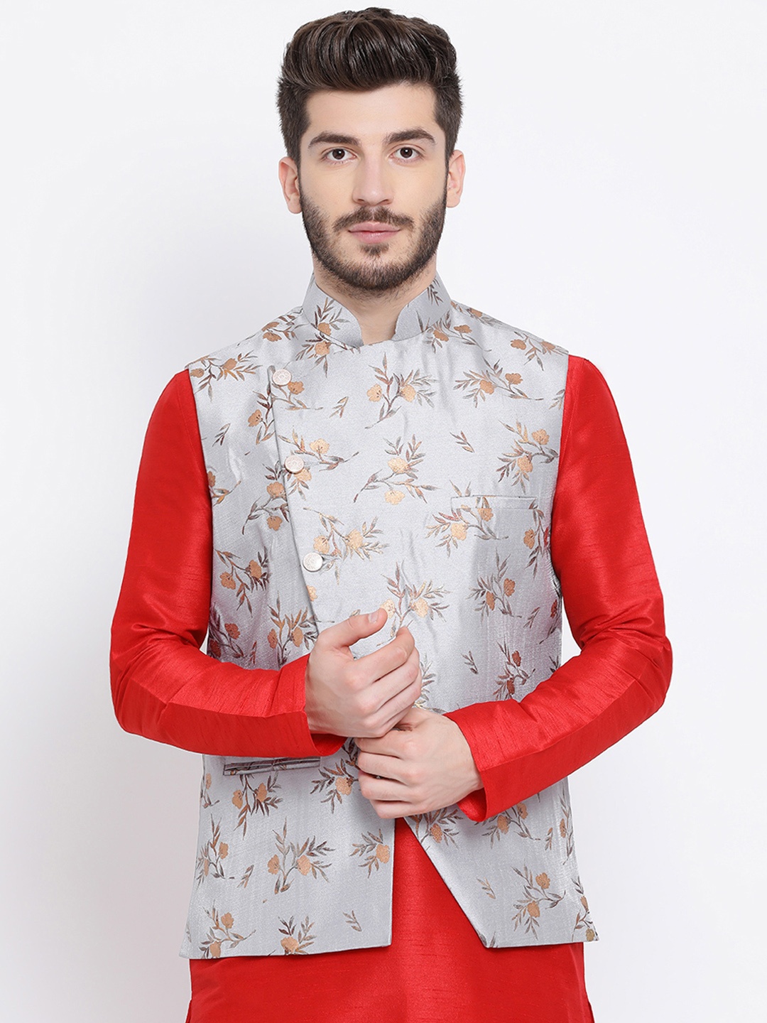 

Namaskar Men Silver-Coloured Printed Woven Pure Silk Nehru Jacket