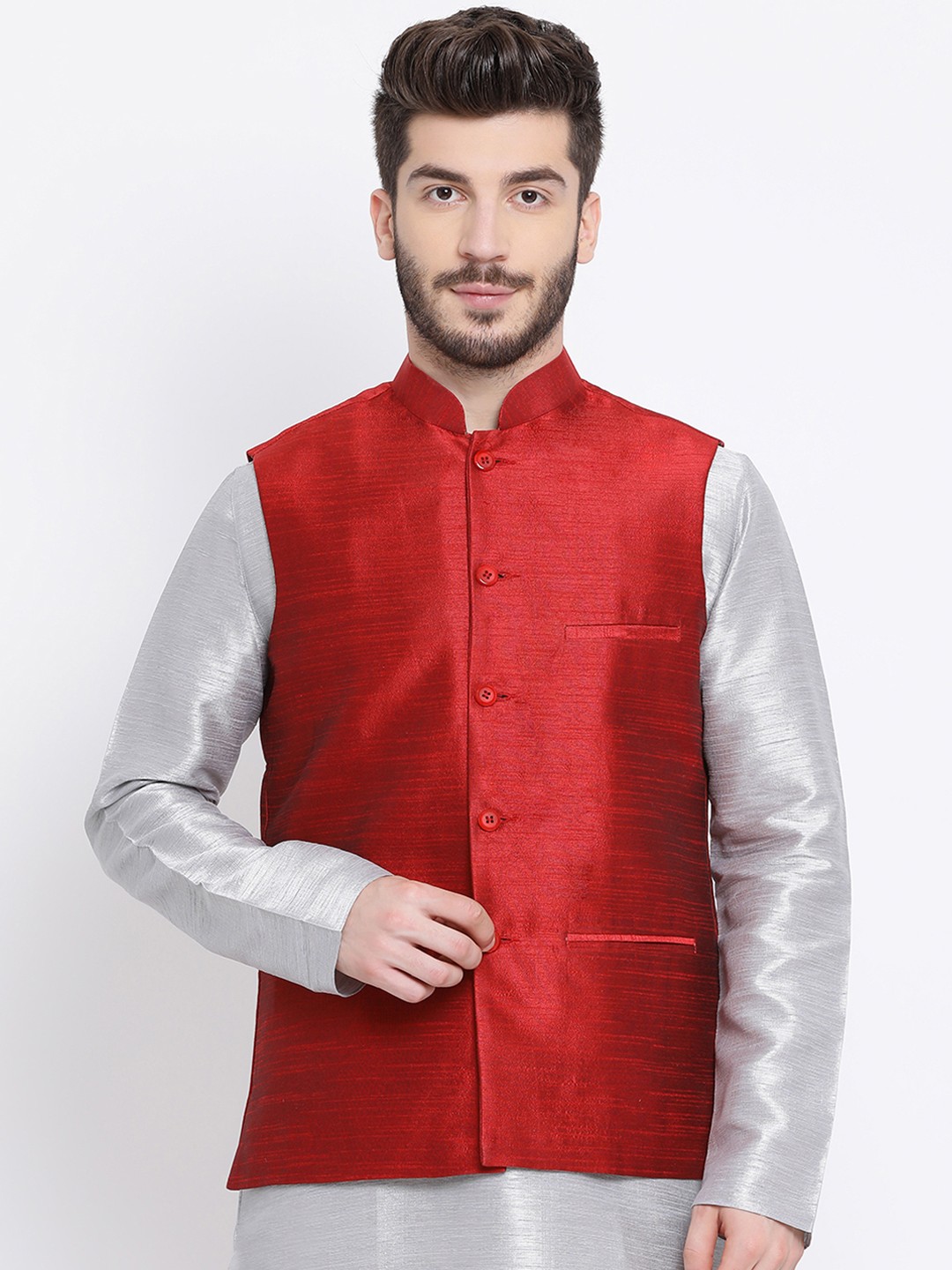 

Namaskar Men Red Solid Woven Nehru Jacket