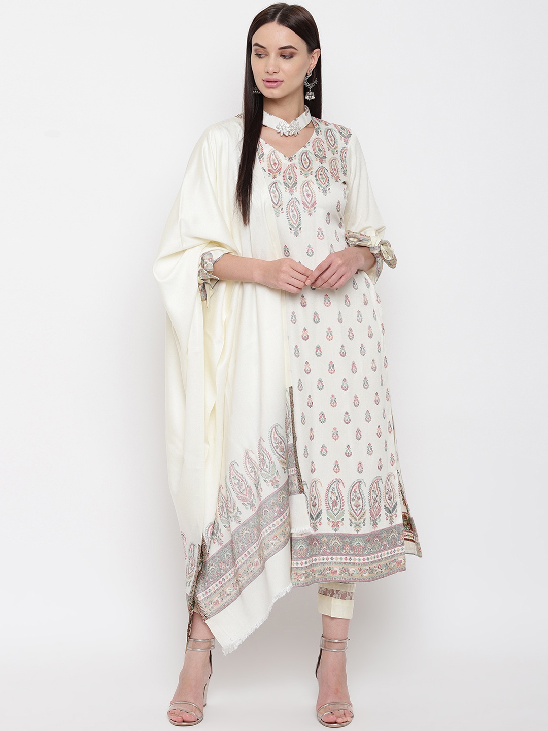 

HK colours of fashion Off-White Printed Unstitched Dress Material