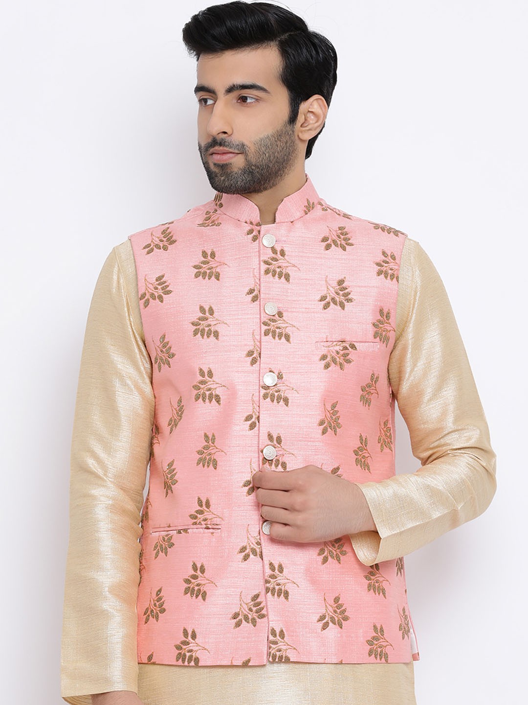 

Namaskar Men Pink Printed Woven Pure Silk Nehru Jacket