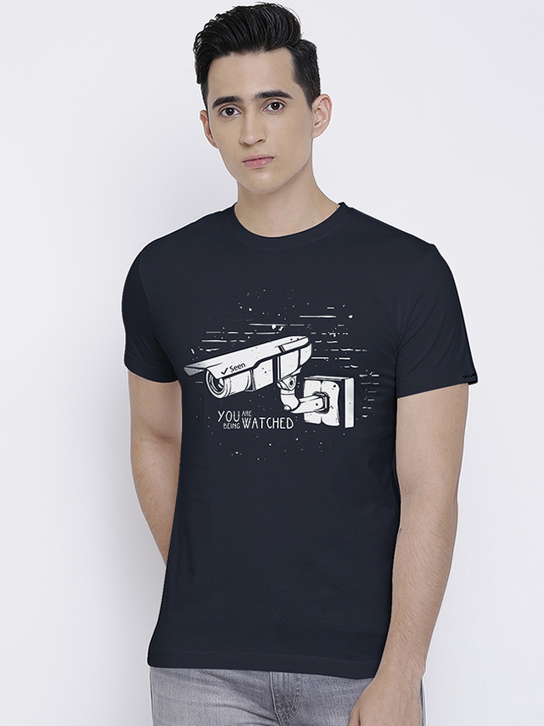 

THREADCURRY Men Navy Blue Printed Round Neck T-shirt