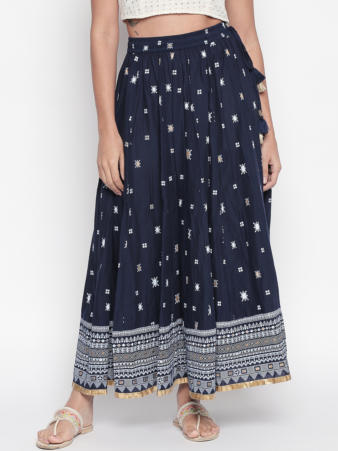 

AKKRITI Women Navy Blue & White Tribal Printed Flared Maxi Skirt