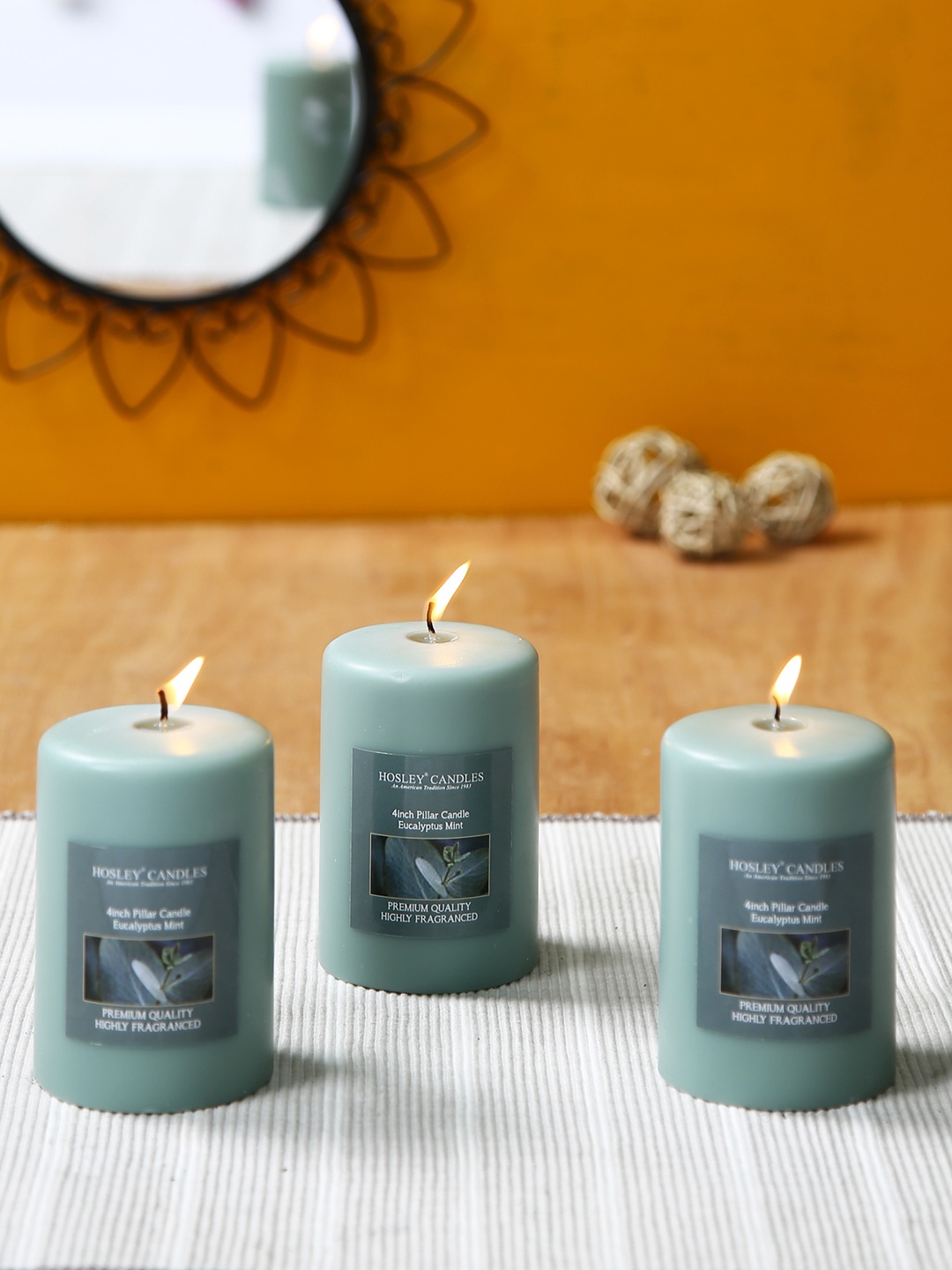

HOSLEY Set of 3 Grey Eucalyptus Mint Fragranced Wax Pillar Candles