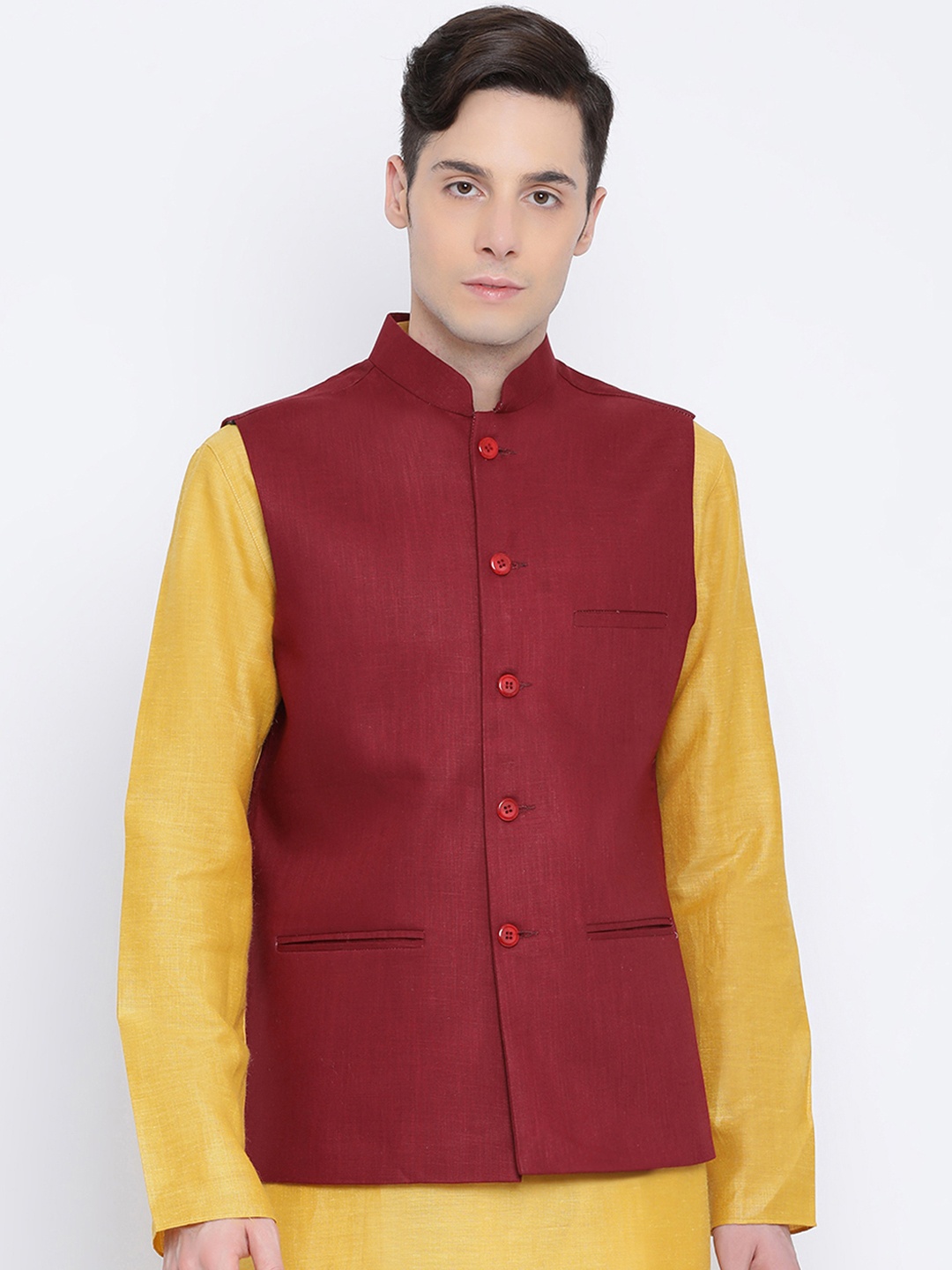 

Namaskar Men Red Solid Woven Pure Cotton Nehru Jacket