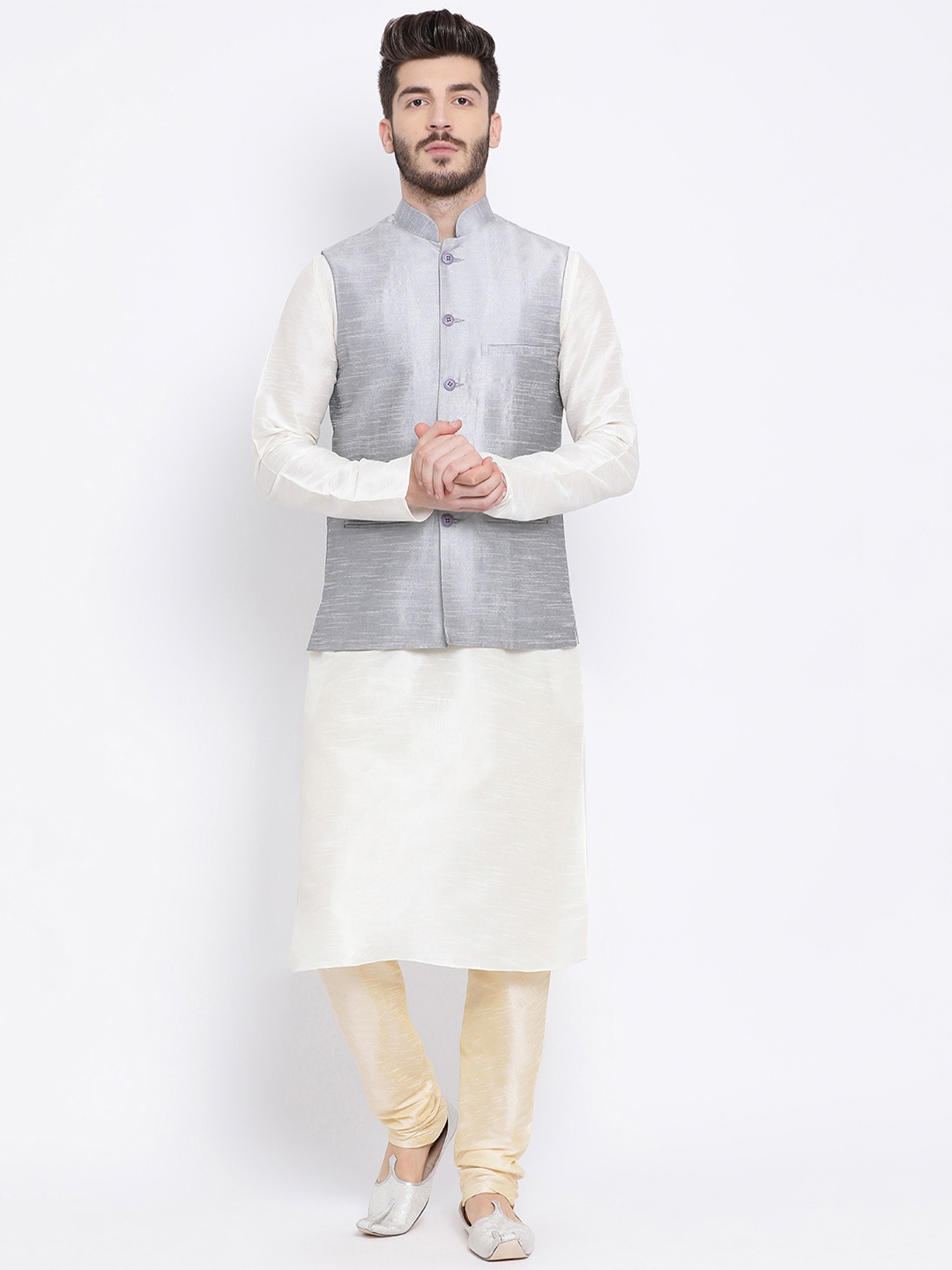 

NAMASKAR Men Silver-Toned & White Solid Kurta with Churidar
